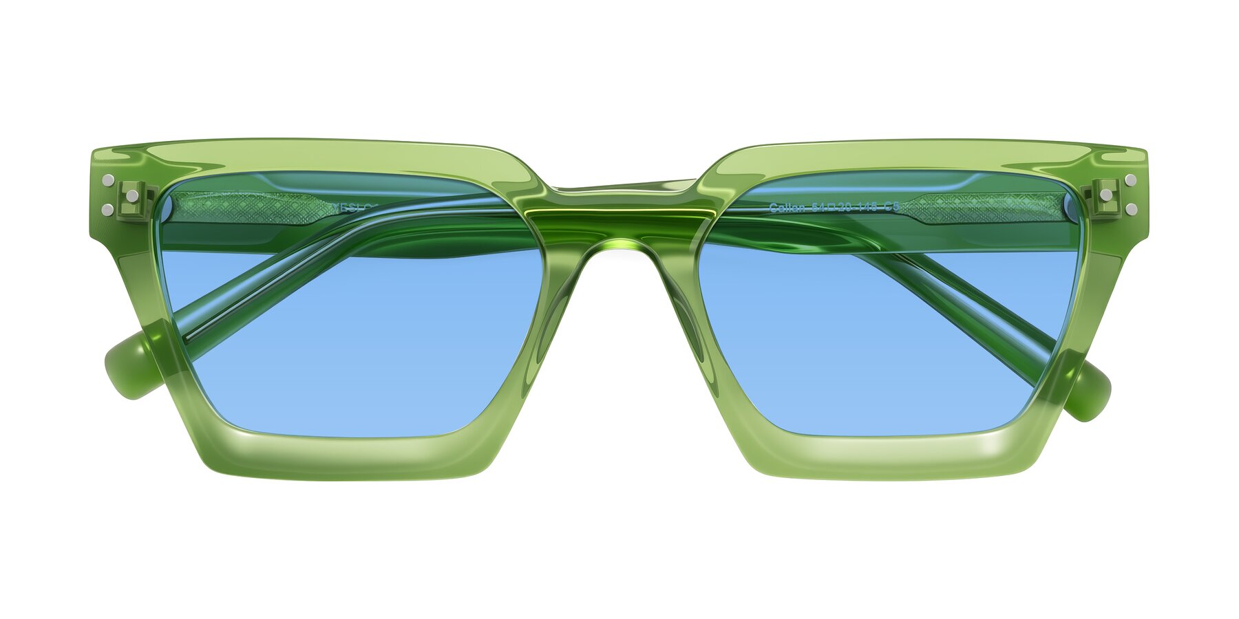Folded Front of Callan in Grass Green with Medium Blue Tinted Lenses