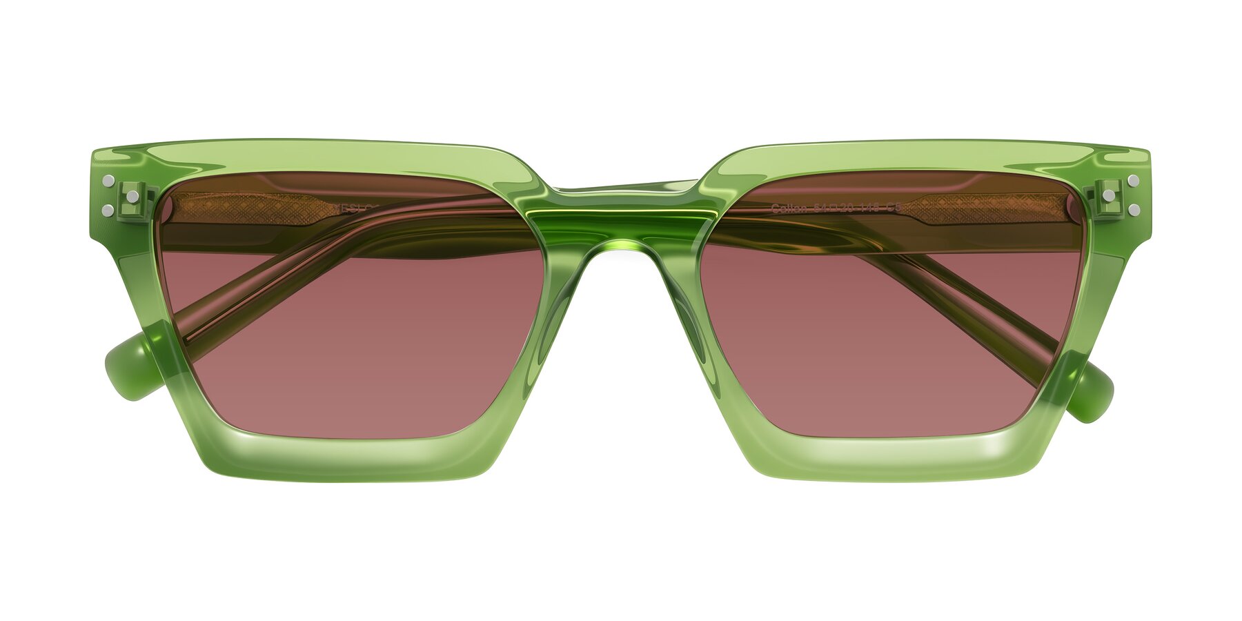 Folded Front of Callan in Grass Green with Garnet Tinted Lenses
