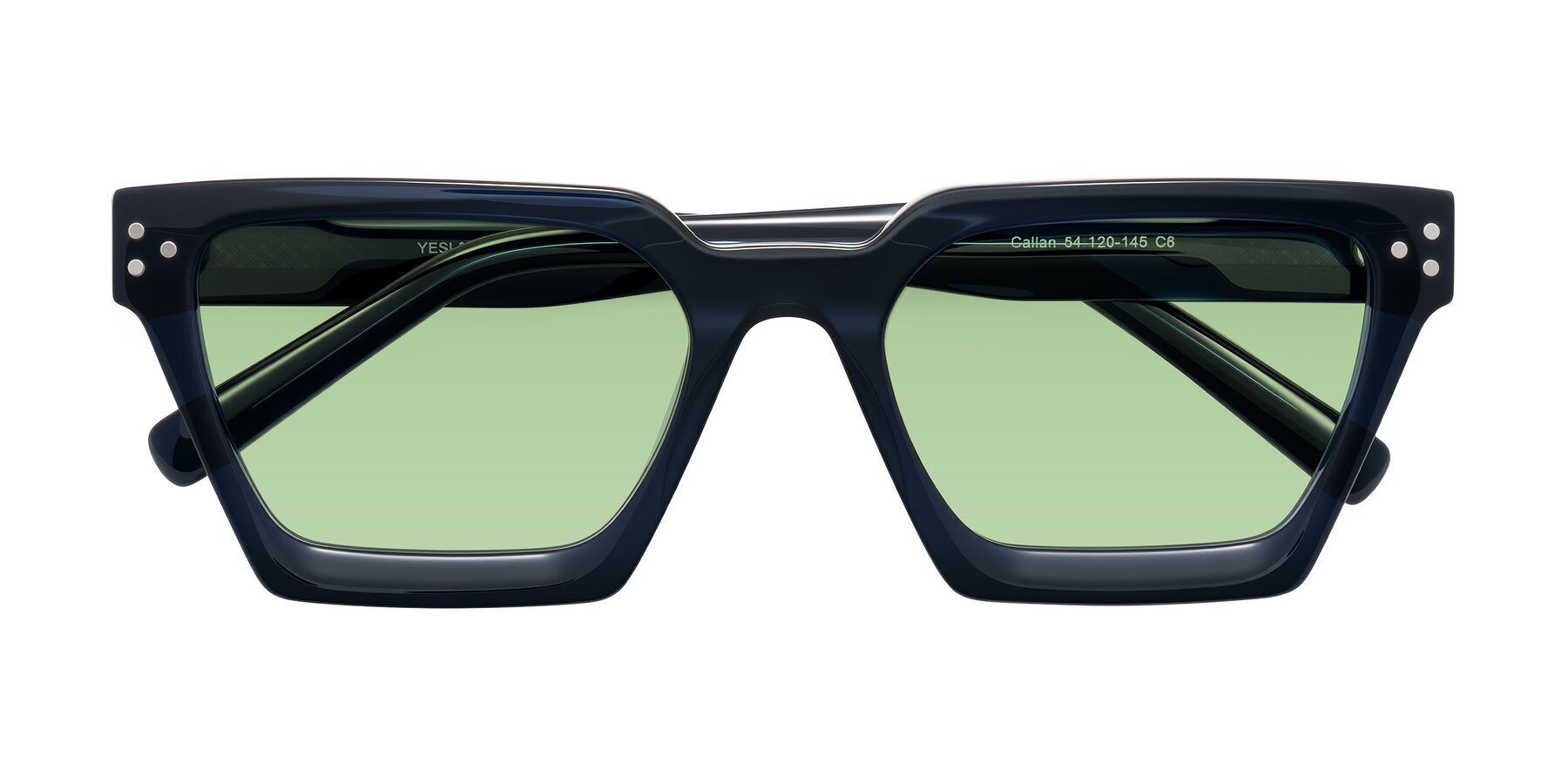 Folded Front of Callan in Dark Navy with Medium Green Tinted Lenses