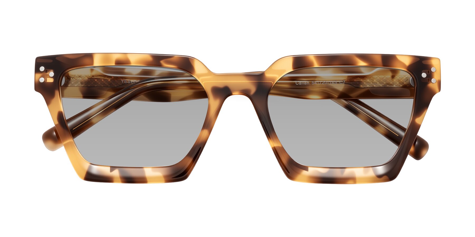 Folded Front of Callan in Honey Tortoise with Light Gray Tinted Lenses