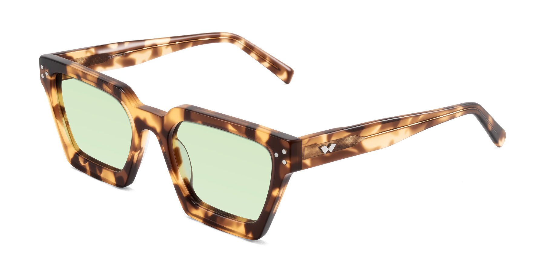 Angle of Callan in Honey Tortoise with Light Green Tinted Lenses