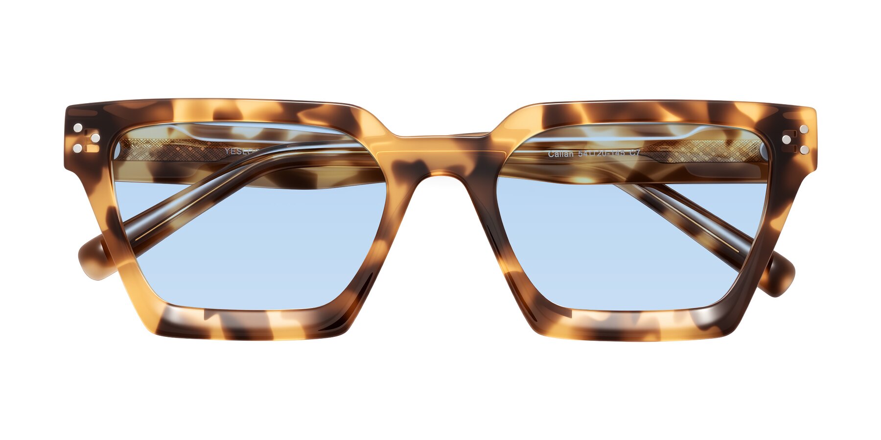 Folded Front of Callan in Honey Tortoise with Light Blue Tinted Lenses