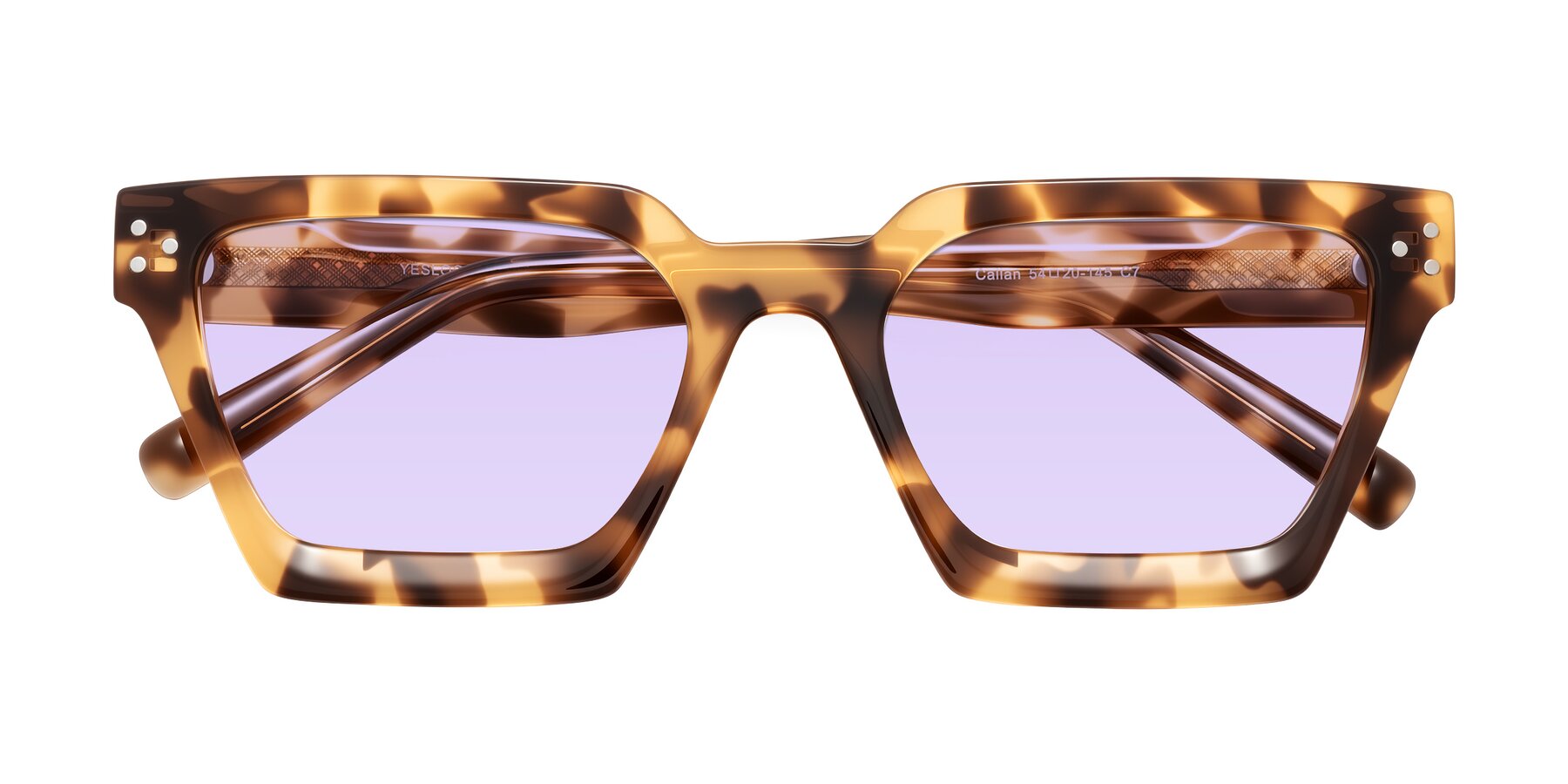 Folded Front of Callan in Honey Tortoise with Light Purple Tinted Lenses