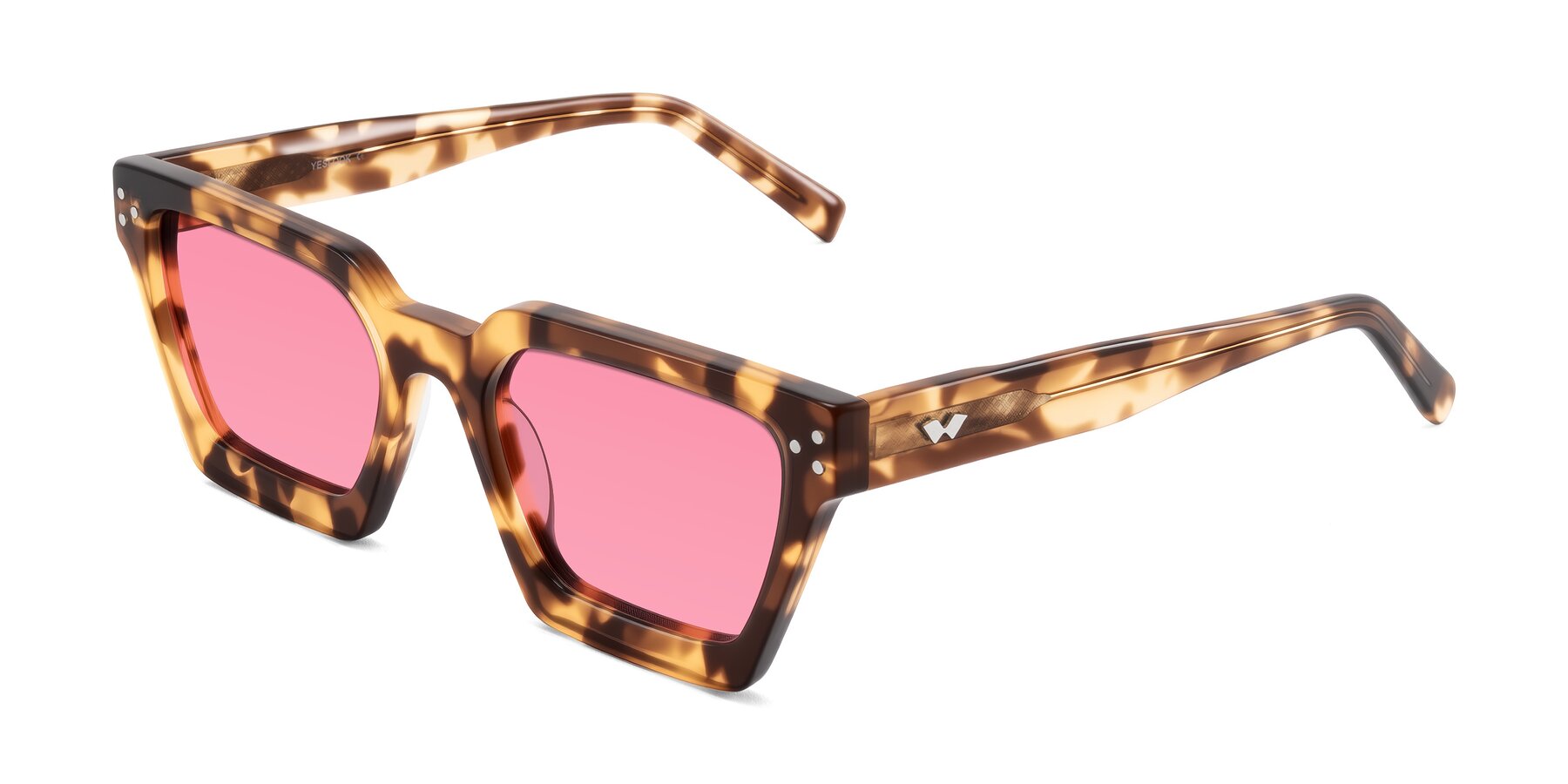 Angle of Callan in Honey Tortoise with Pink Tinted Lenses