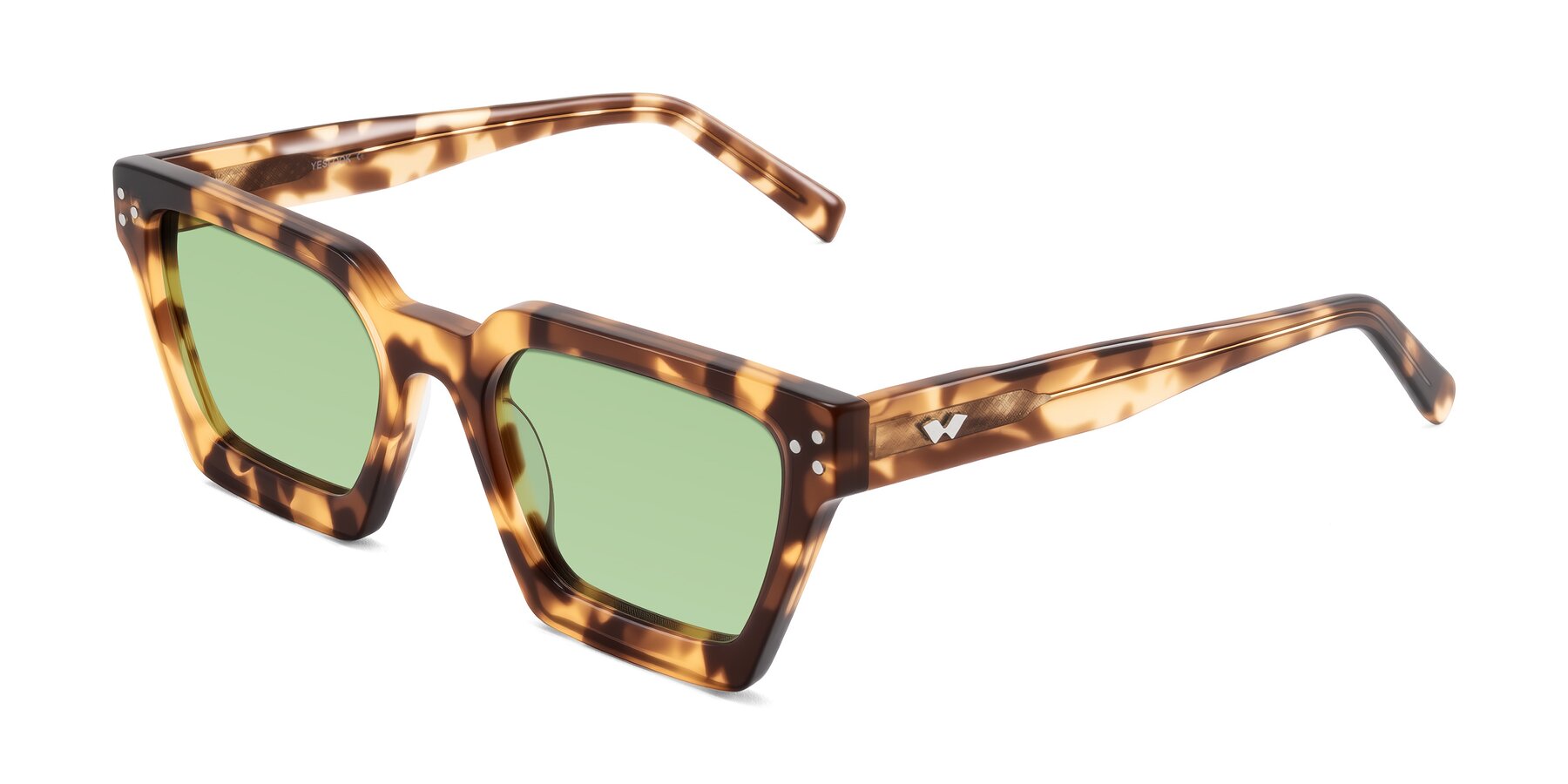 Angle of Callan in Honey Tortoise with Medium Green Tinted Lenses