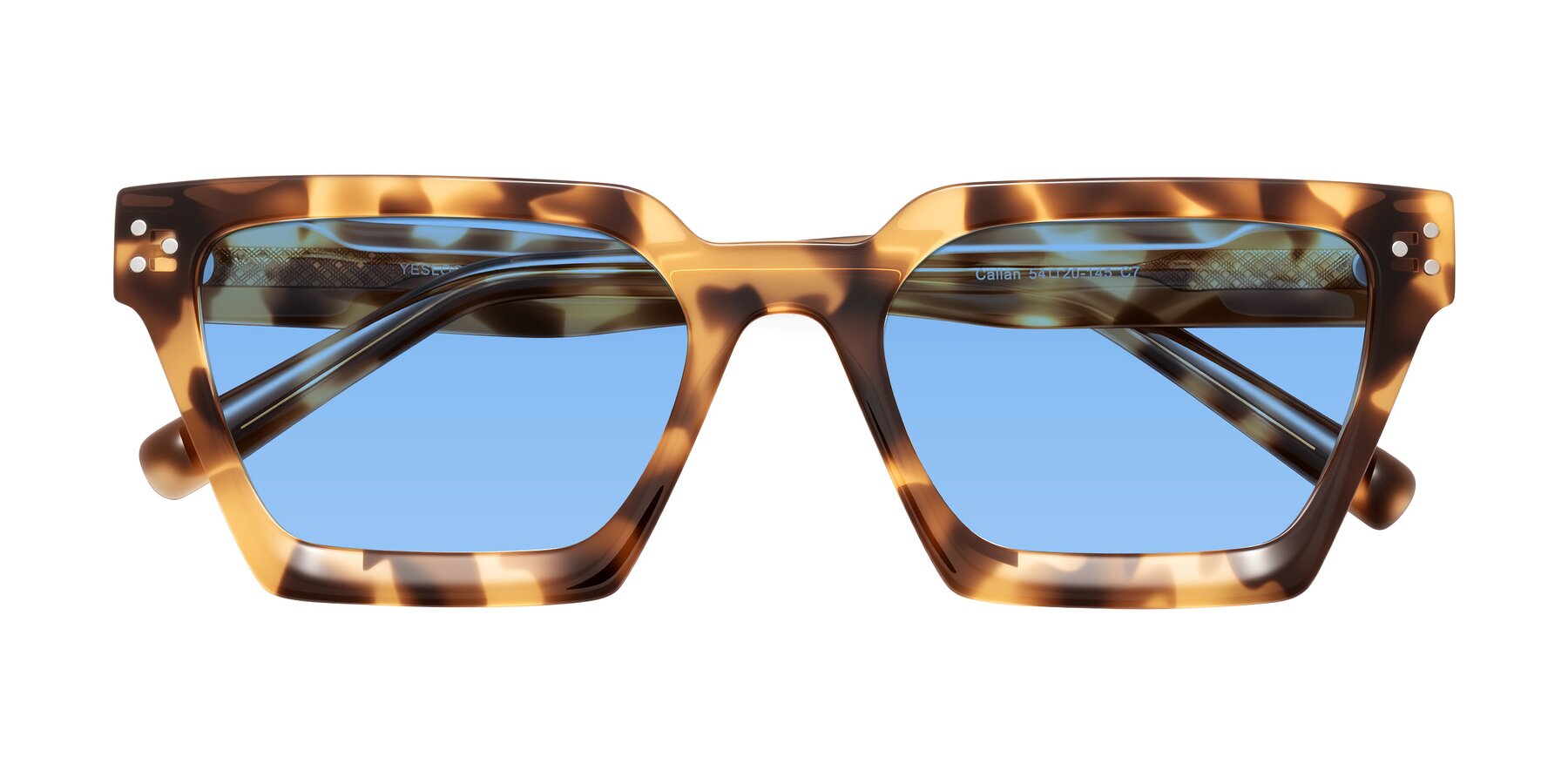 Folded Front of Callan in Honey Tortoise with Medium Blue Tinted Lenses