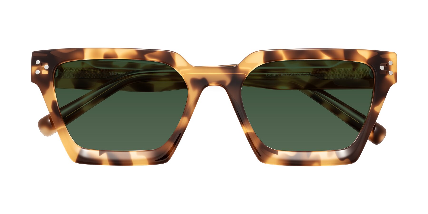 Folded Front of Callan in Honey Tortoise with Green Tinted Lenses