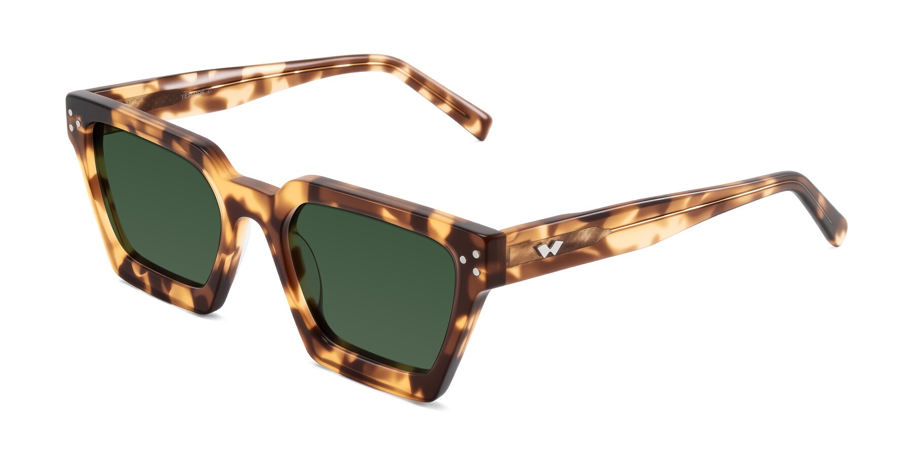 Angle of Callan in Honey Tortoise with Green Tinted Lenses