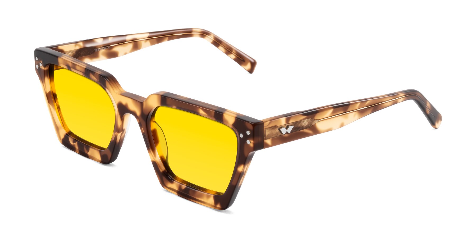 Angle of Callan in Honey Tortoise with Yellow Tinted Lenses