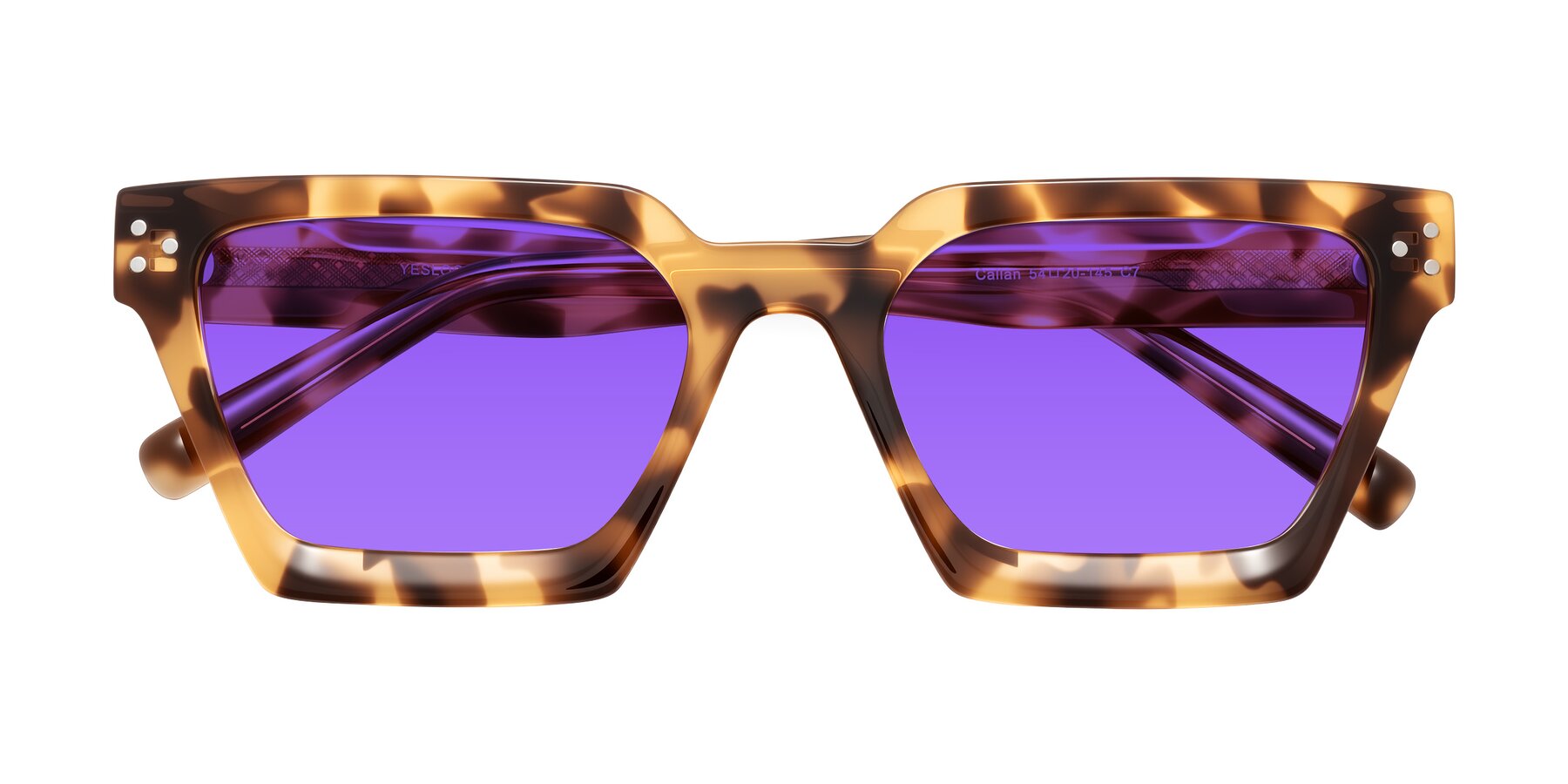 Folded Front of Callan in Honey Tortoise with Purple Tinted Lenses