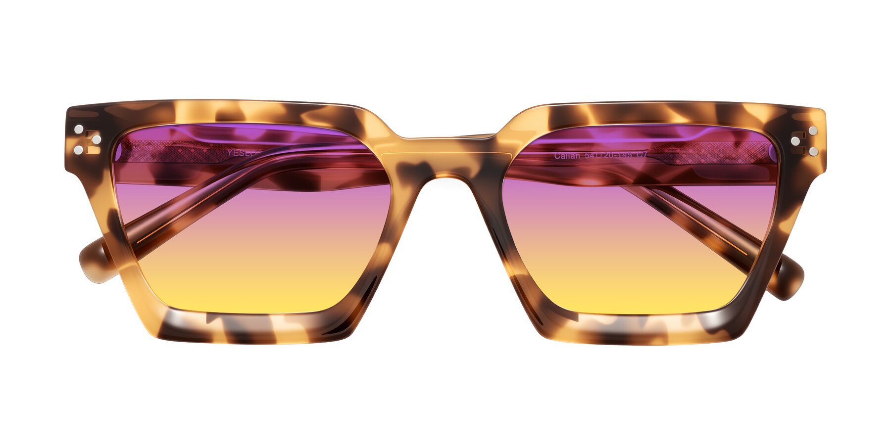 Folded Front of Callan in Honey Tortoise with Purple / Yellow Gradient Lenses