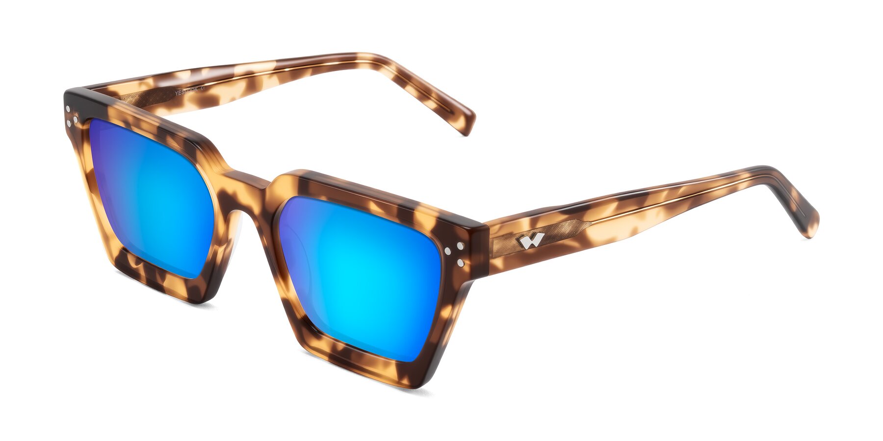 Angle of Callan in Honey Tortoise with Blue Mirrored Lenses