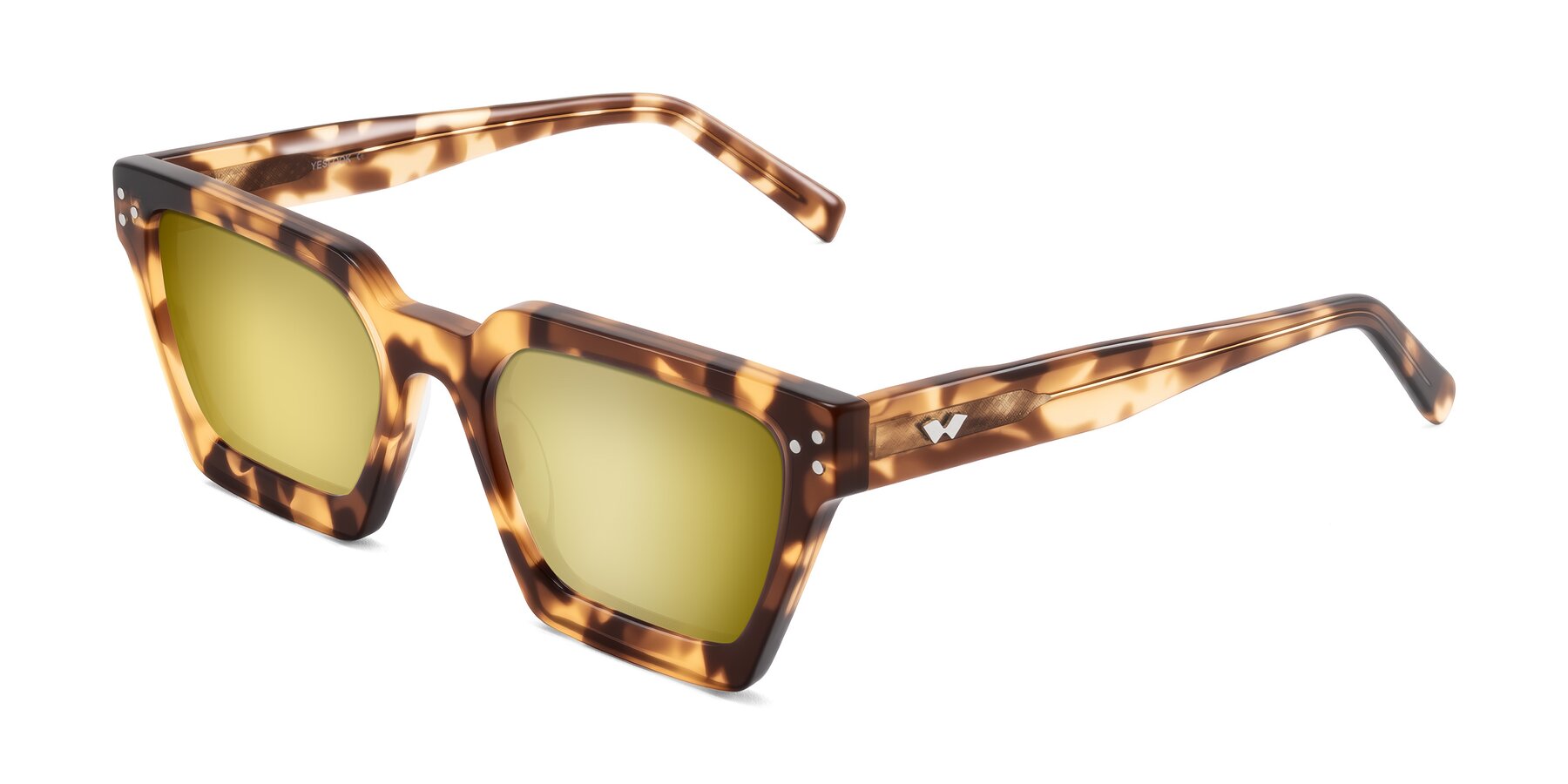 Angle of Callan in Honey Tortoise with Gold Mirrored Lenses