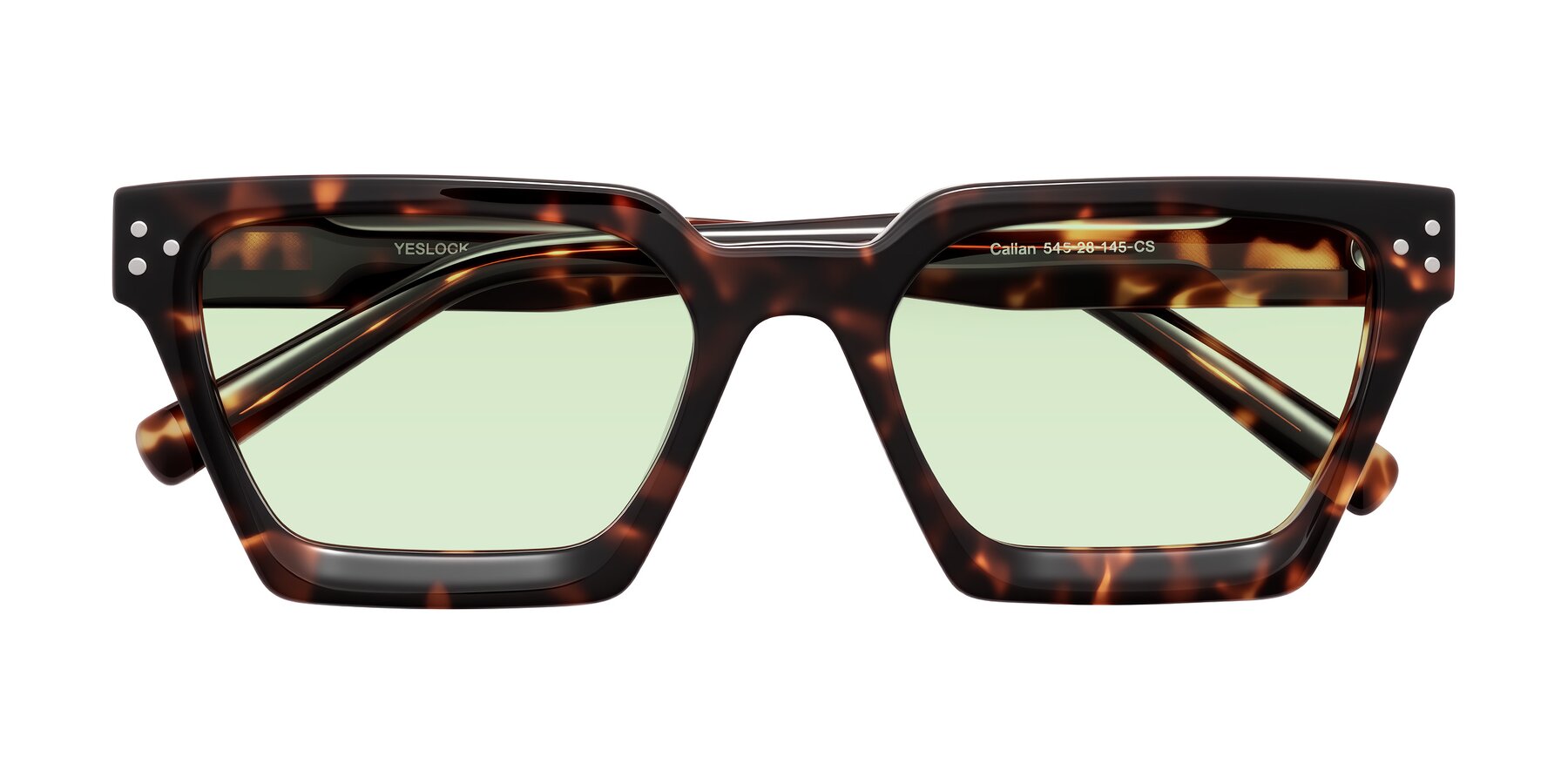 Folded Front of Callan in Tortoise with Light Green Tinted Lenses