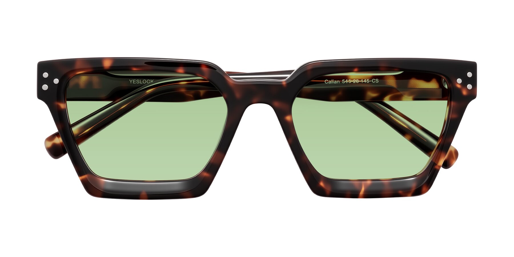 Folded Front of Callan in Tortoise with Medium Green Tinted Lenses