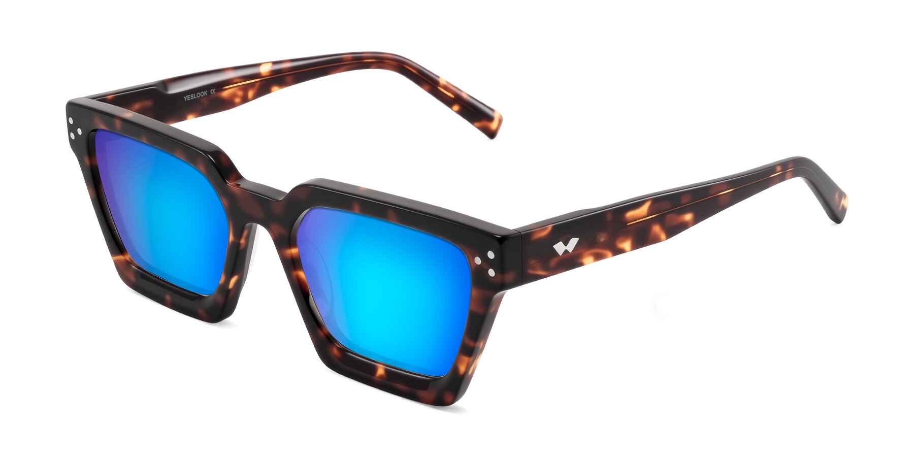 Angle of Callan in Tortoise with Blue Mirrored Lenses
