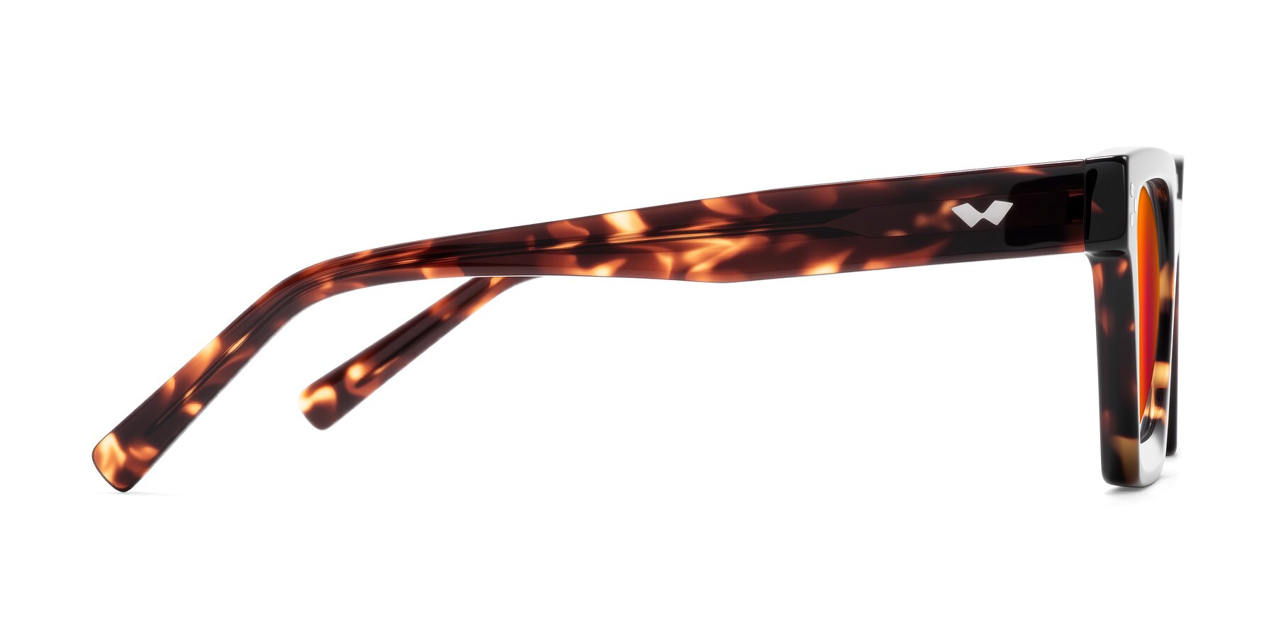 Side of Callan in Tortoise with Red Gold Mirrored Lenses
