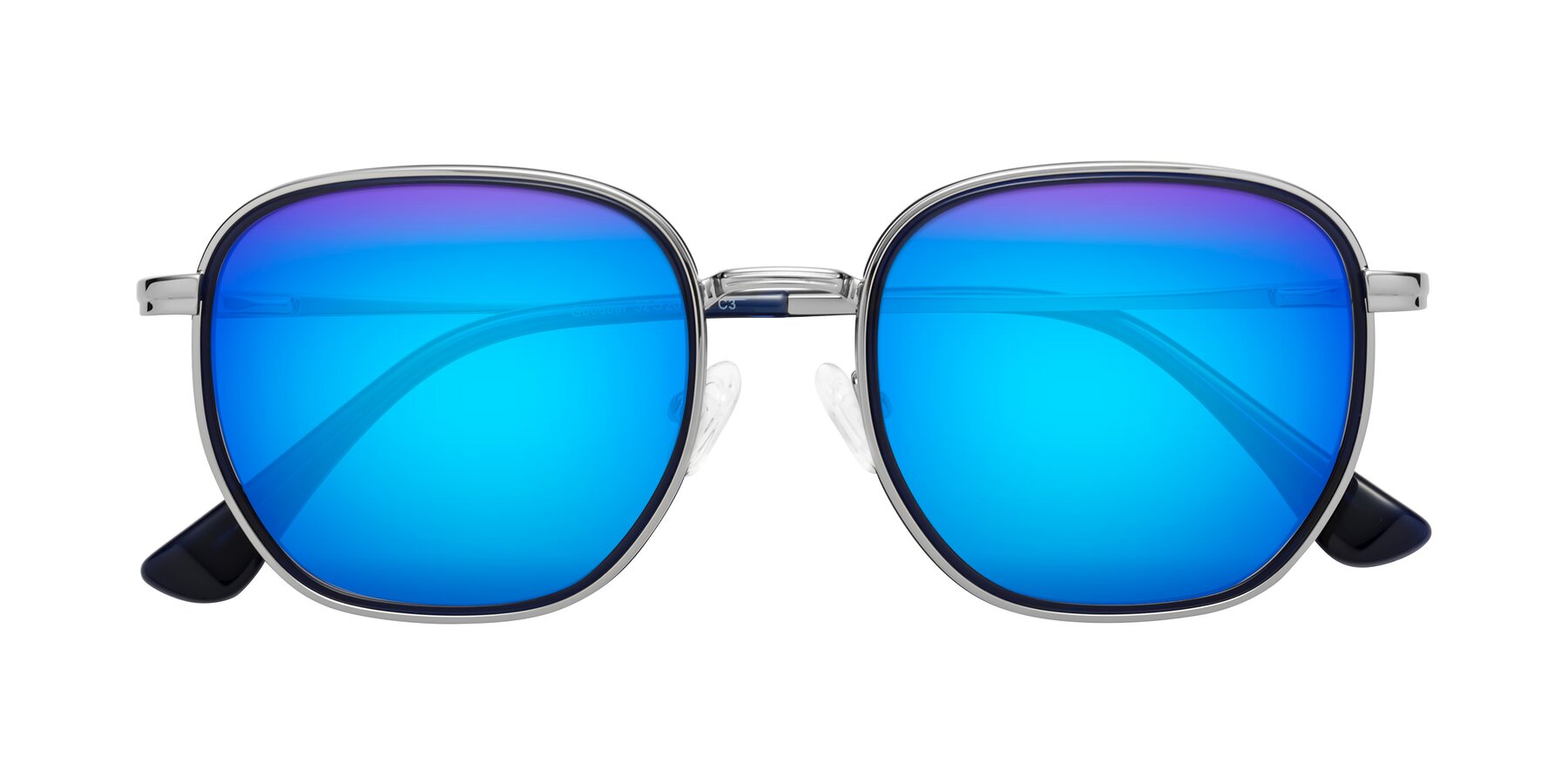 Folded Front of Goodbar in Silver-Deep Sapphire with Blue Mirrored Lenses