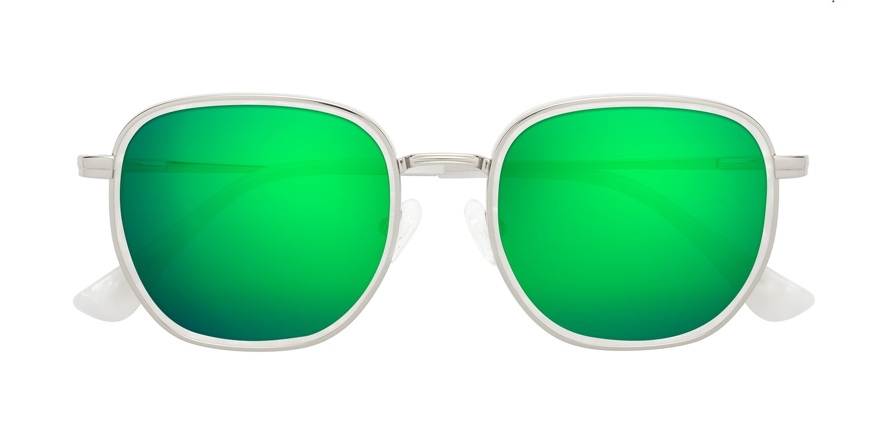 Folded Front of Goodbar in Silver-Glacier White with Green Mirrored Lenses