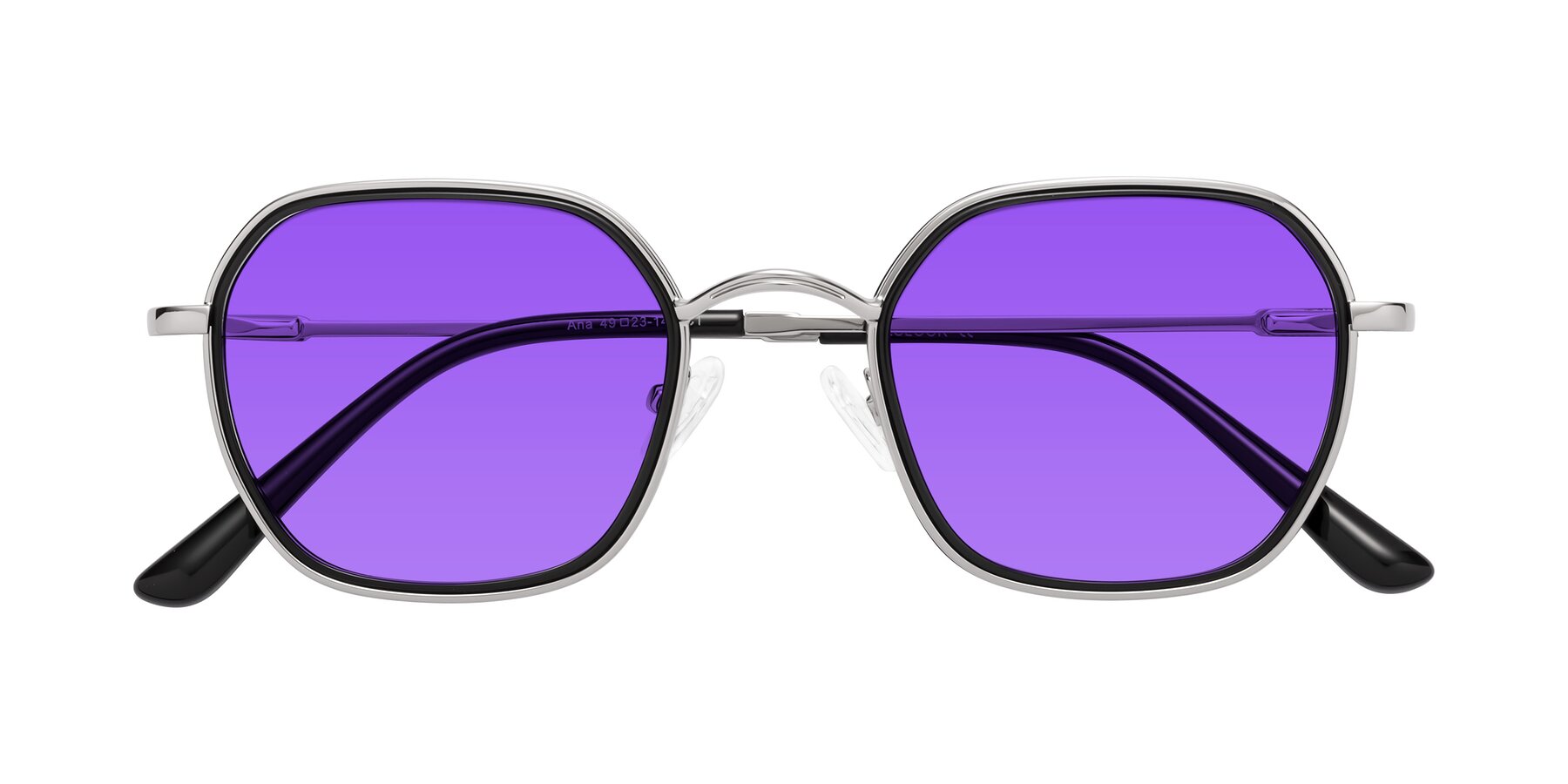 Folded Front of Ana in Black/Silver with Purple Tinted Lenses
