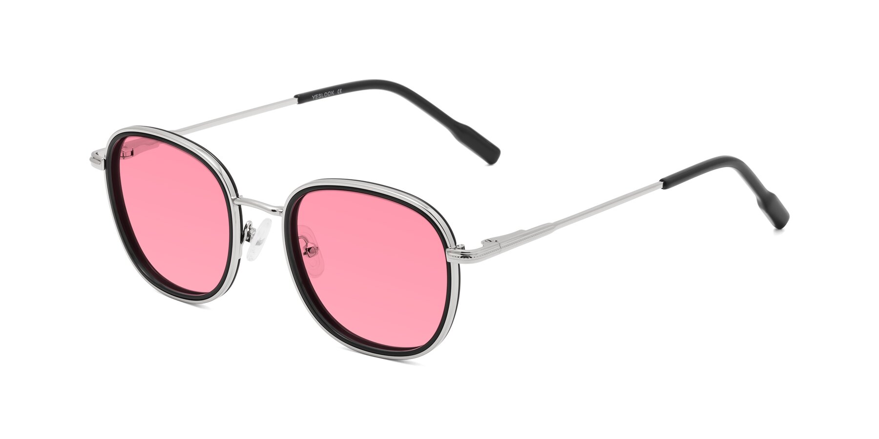 Angle of Deanne in Black-Silver with Pink Tinted Lenses