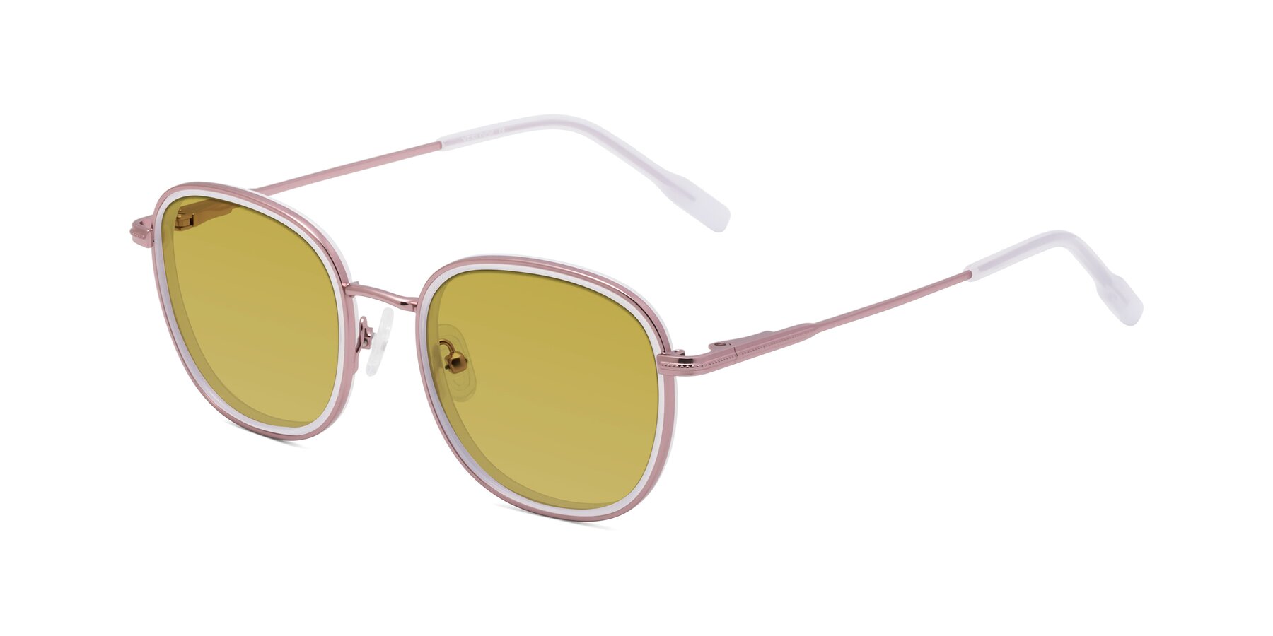 Angle of Deanne in Rose Gold-Translucent White with Champagne Tinted Lenses