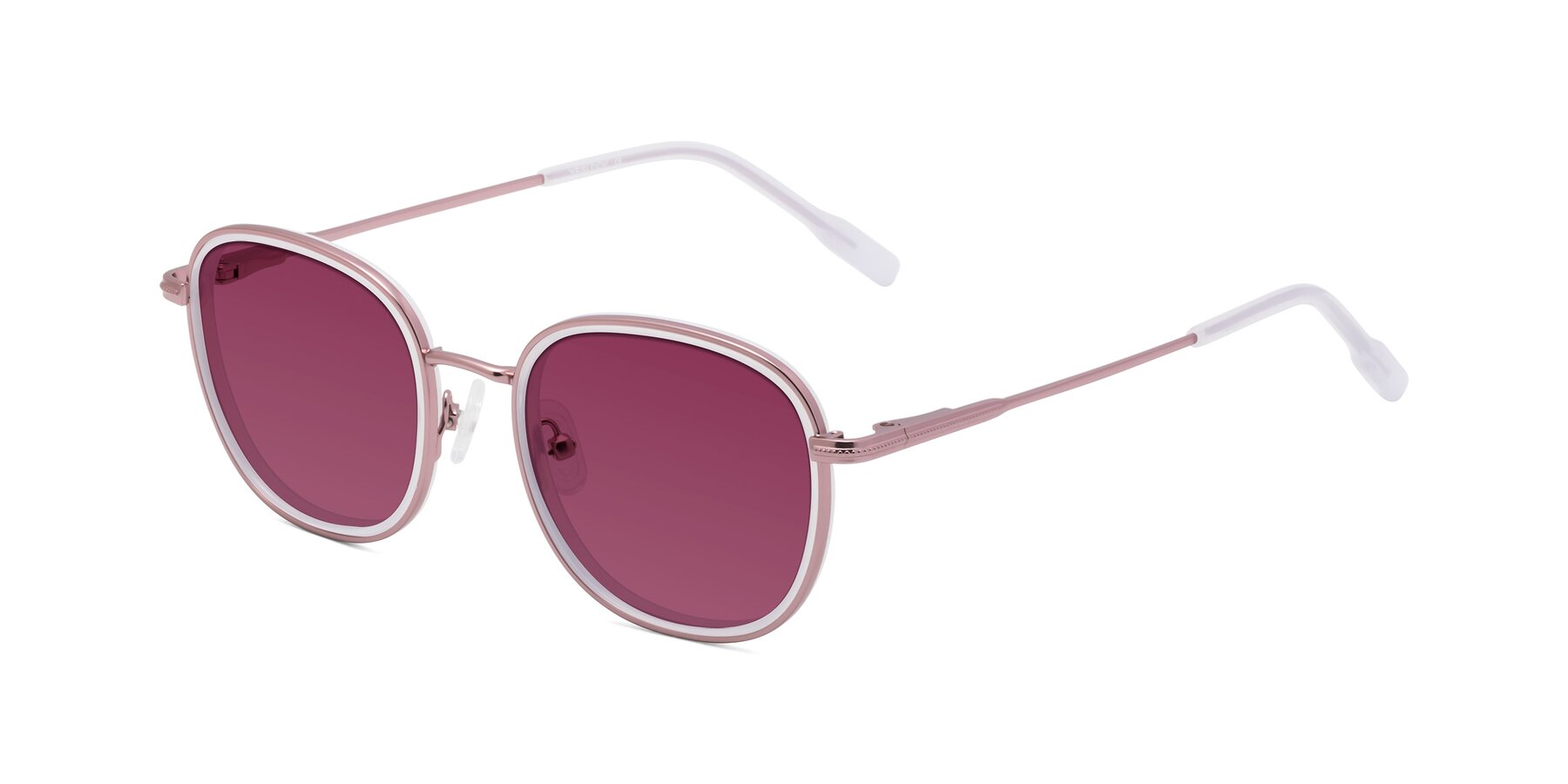Angle of Deanne in Rose Gold-Translucent White with Wine Tinted Lenses