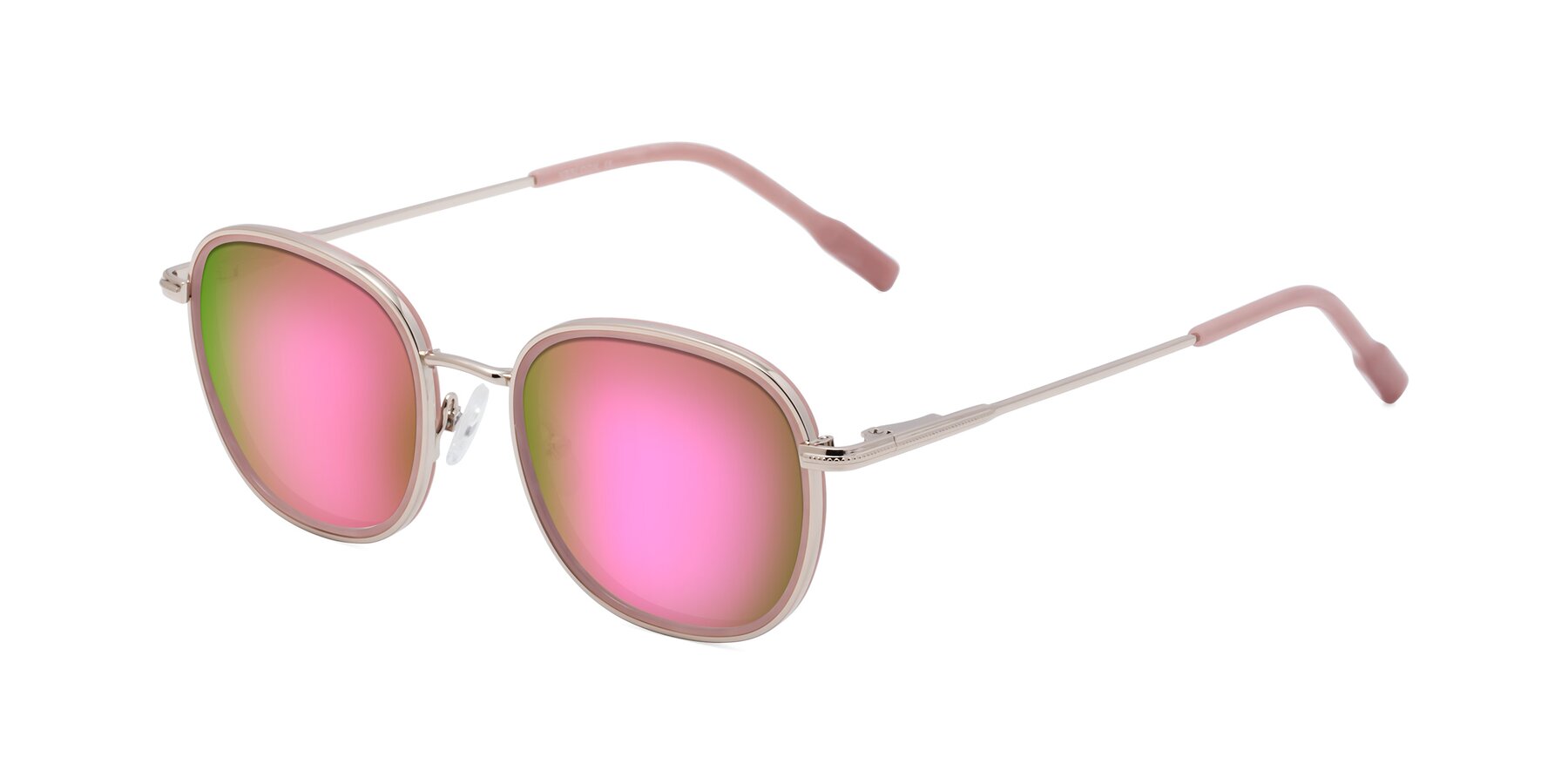 Angle of Deanne in Pale Gold-Plum with Pink Mirrored Lenses
