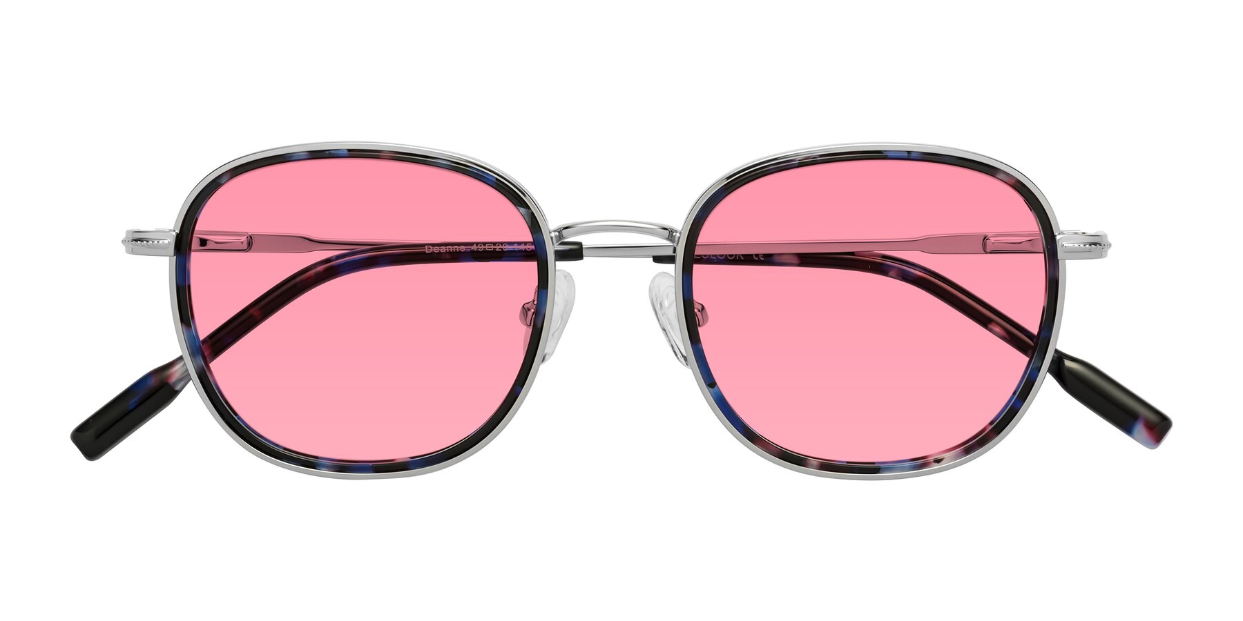 Folded Front of Deanne in Blue Tortoise/Silver with Pink Tinted Lenses