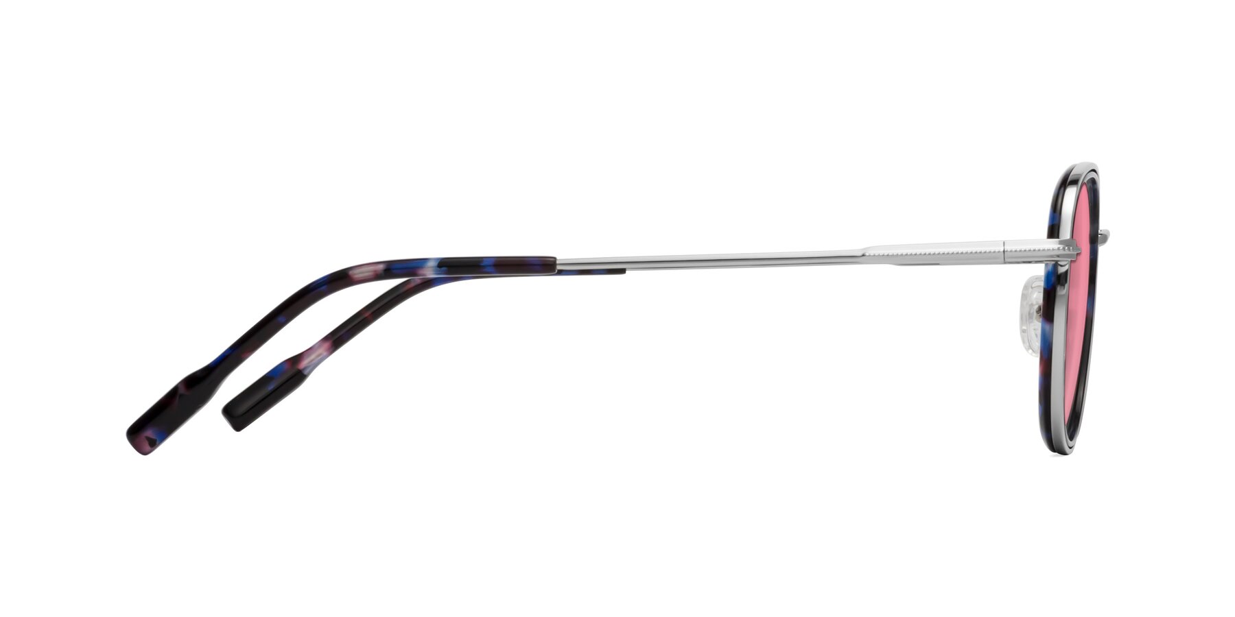 Side of Deanne in Blue Tortoise/Silver with Pink Tinted Lenses