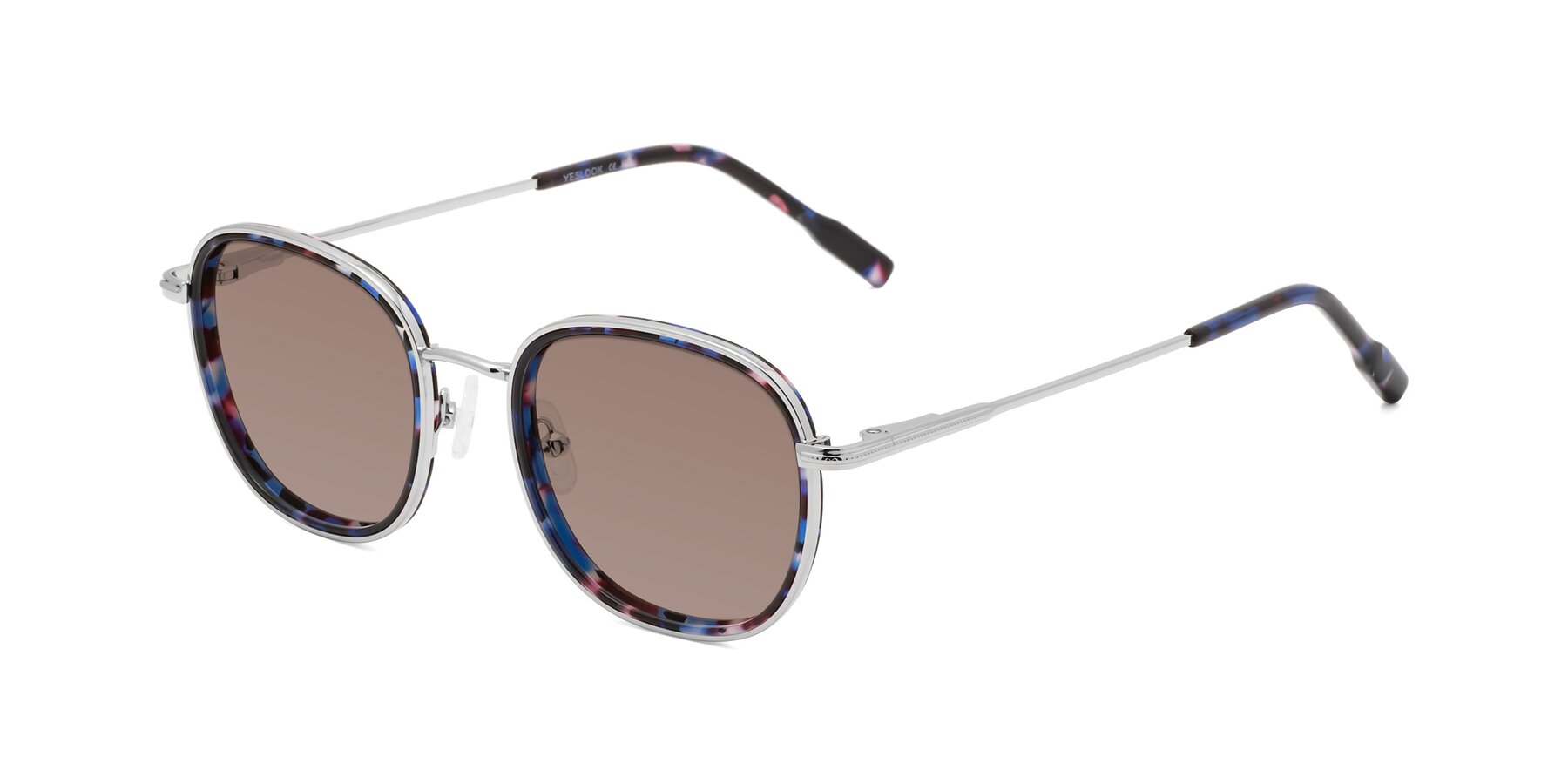 Angle of Deanne in Blue Tortoise-Silver with Medium Brown Tinted Lenses