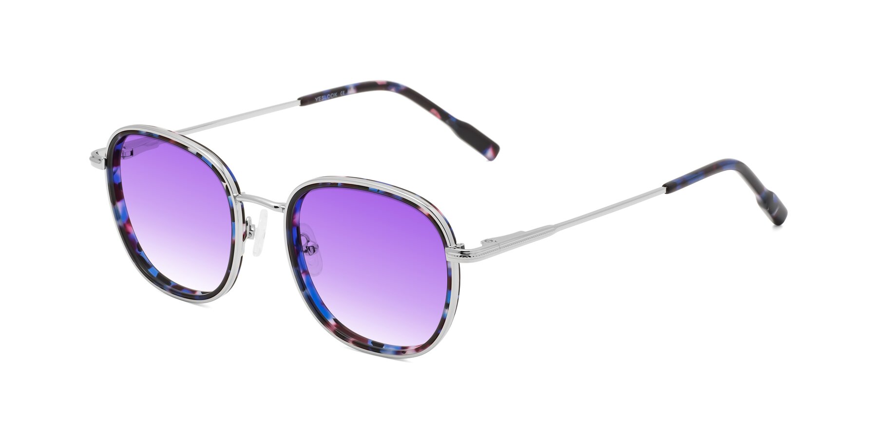 Angle of Deanne in Blue Tortoise-Silver with Purple Gradient Lenses