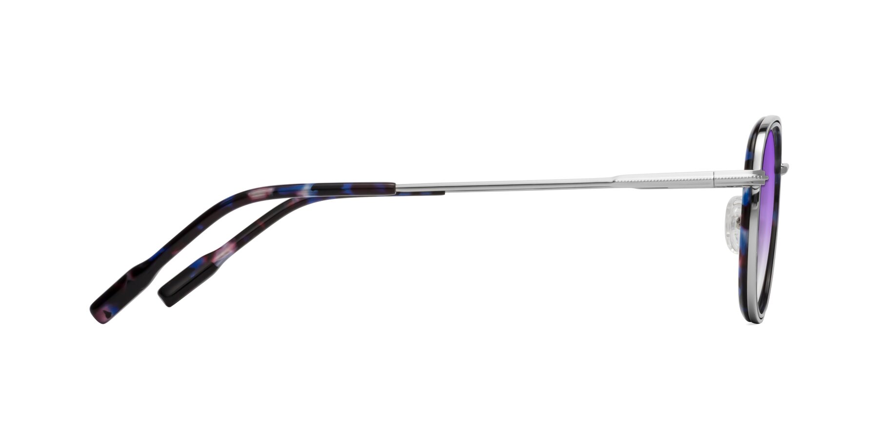Side of Deanne in Blue Tortoise-Silver with Purple Gradient Lenses