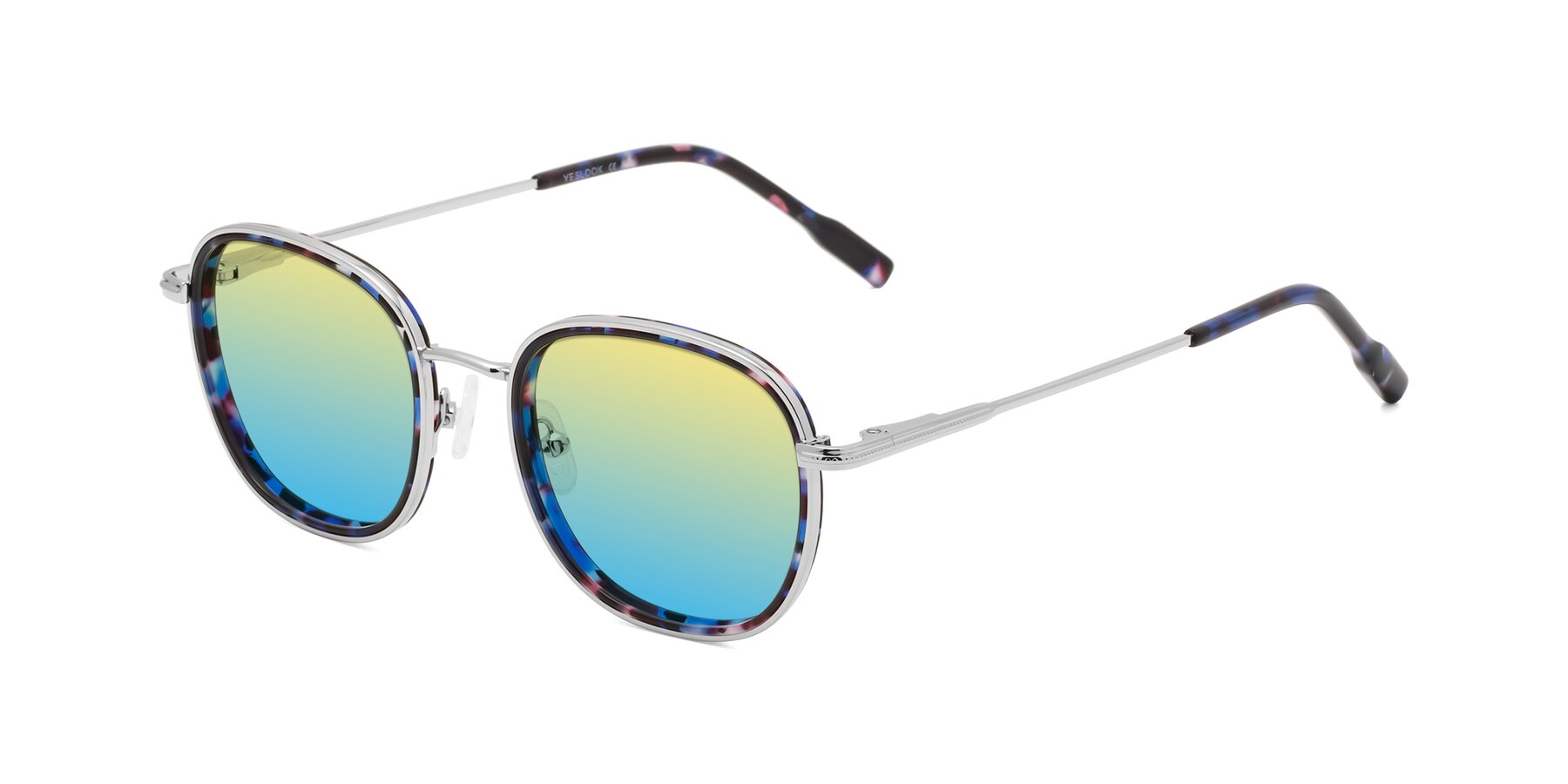 Angle of Deanne in Blue Tortoise-Silver with Yellow / Blue Gradient Lenses