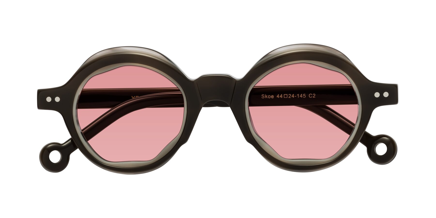 Folded Front of Skoe in Dark Grayish Brown with Medium Garnet Tinted Lenses