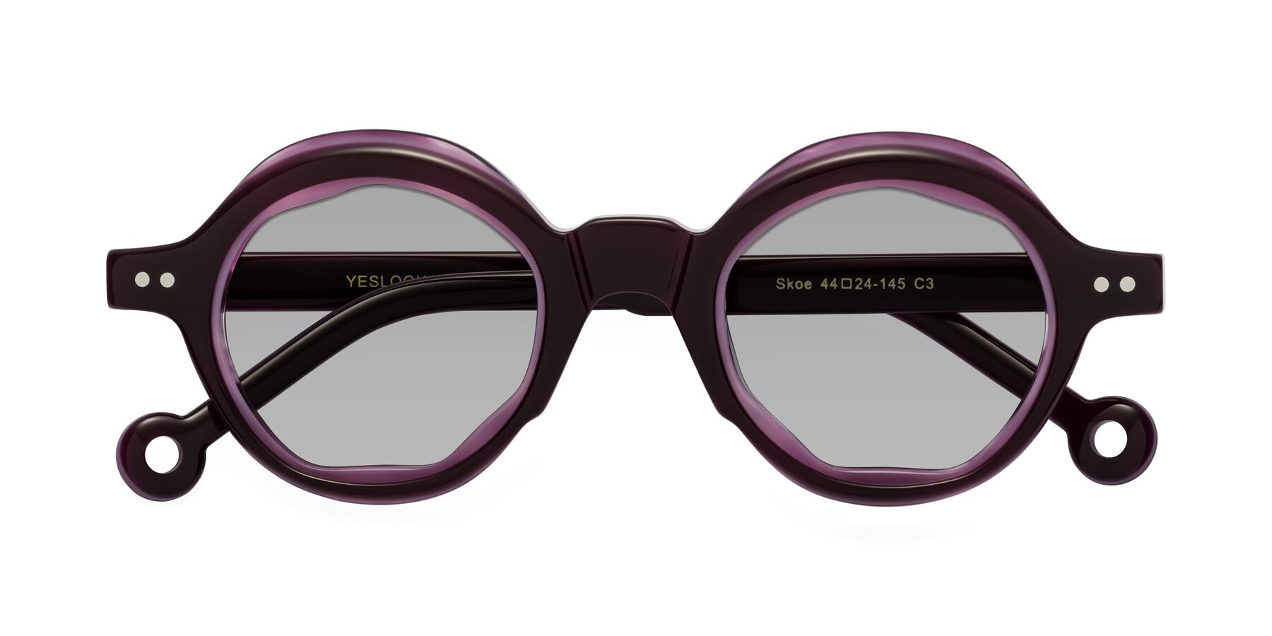 Folded Front of Skoe in Eggplant with Light Gray Tinted Lenses