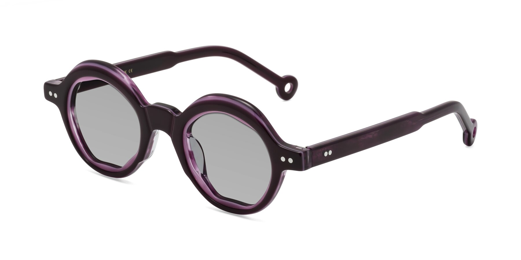 Angle of Skoe in Eggplant with Light Gray Tinted Lenses