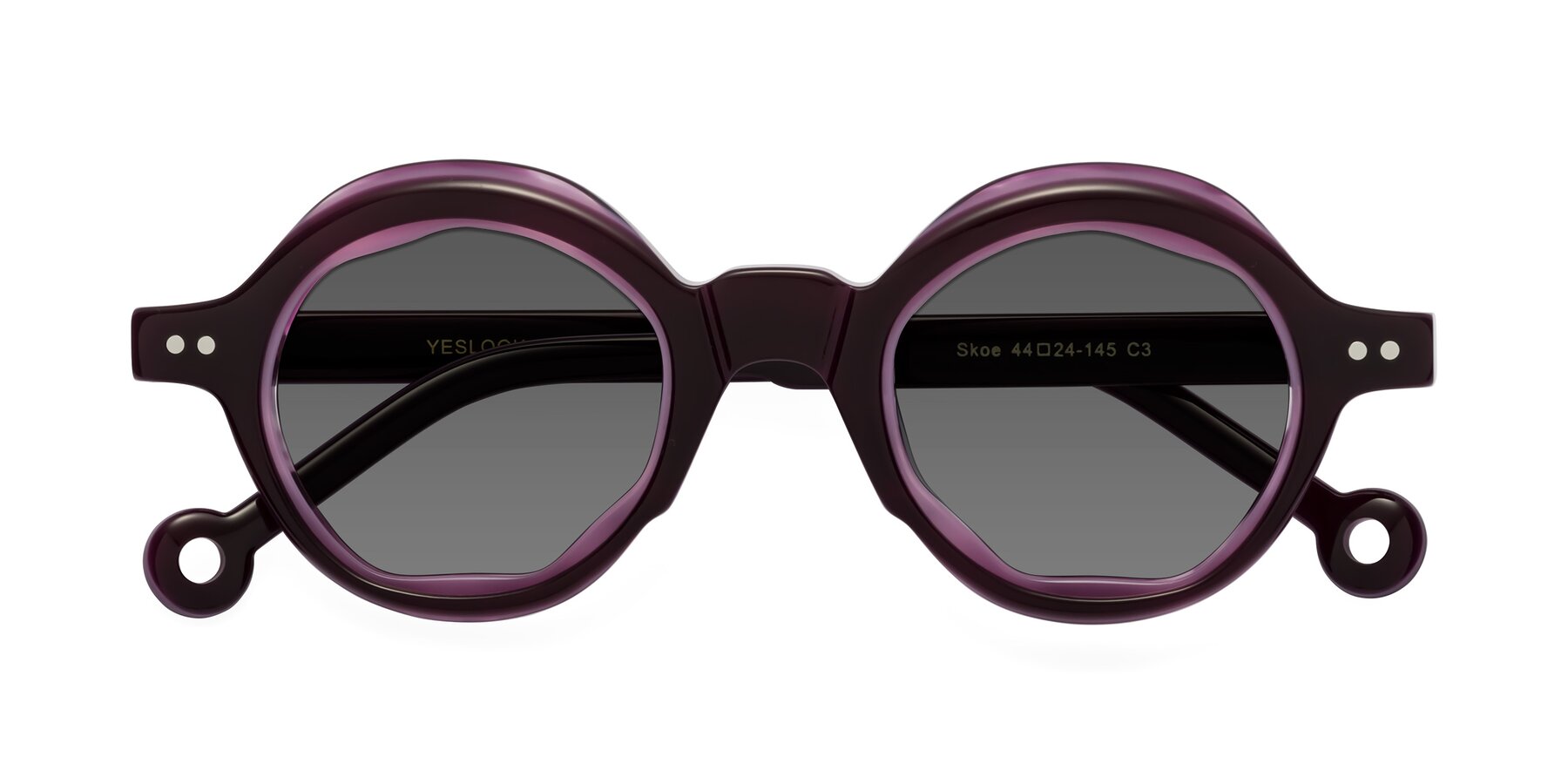 Folded Front of Skoe in Eggplant with Medium Gray Tinted Lenses