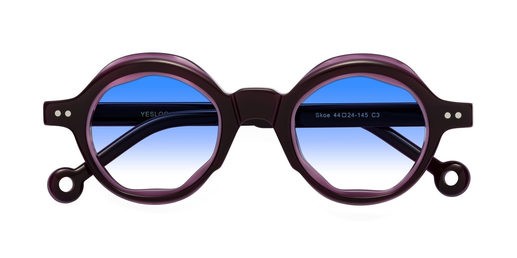 Folded Front of Skoe in Eggplant with Blue Gradient Lenses