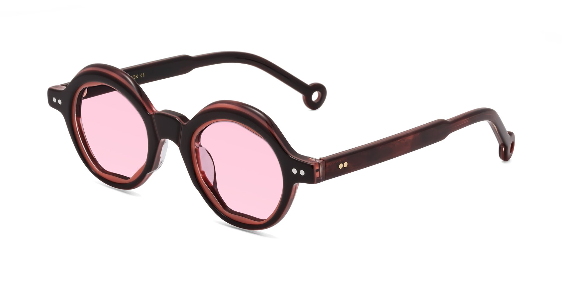 Angle of Skoe in Dark Maroon with Light Pink Tinted Lenses