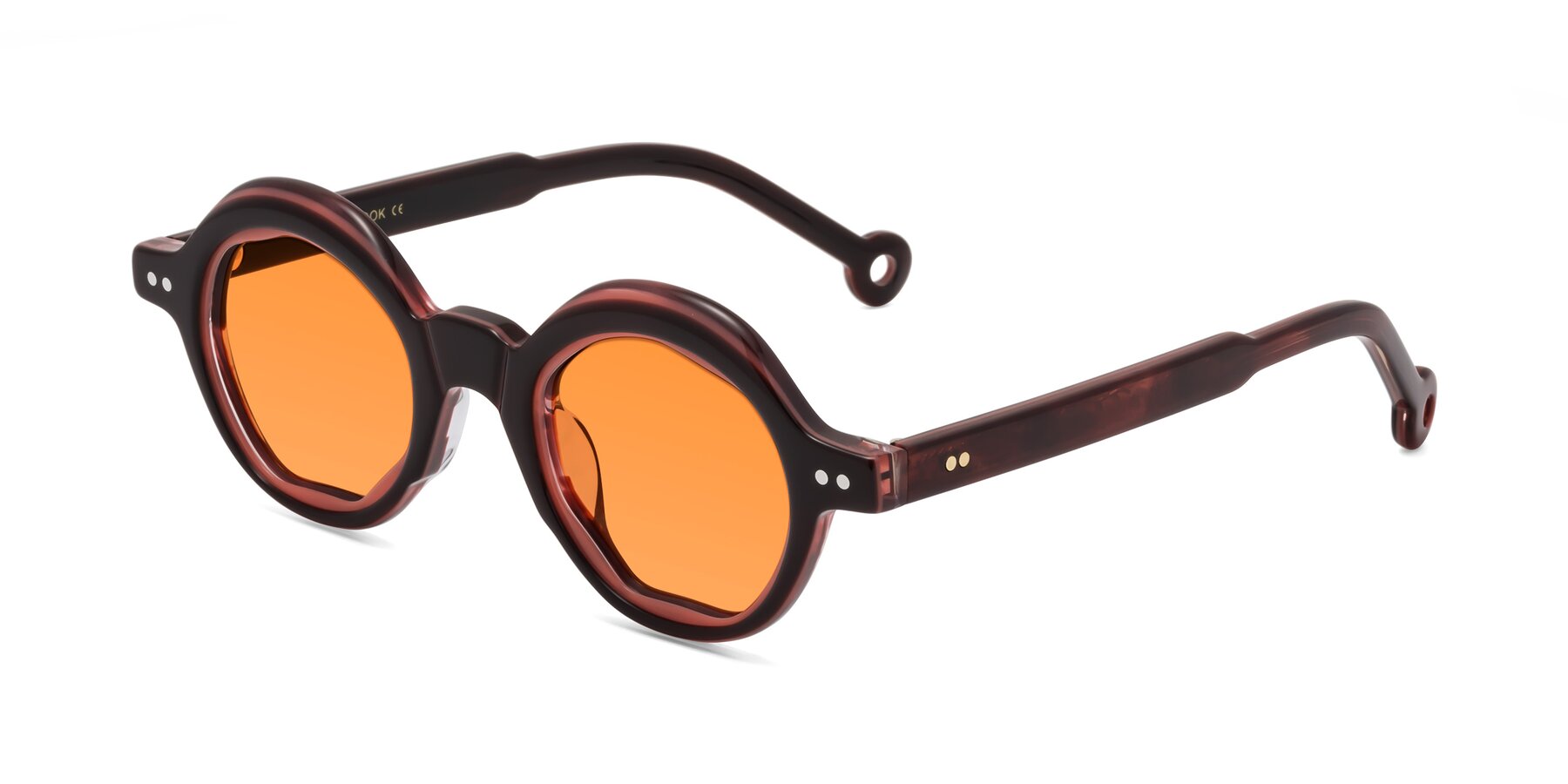 Angle of Skoe in Dark Maroon with Orange Tinted Lenses