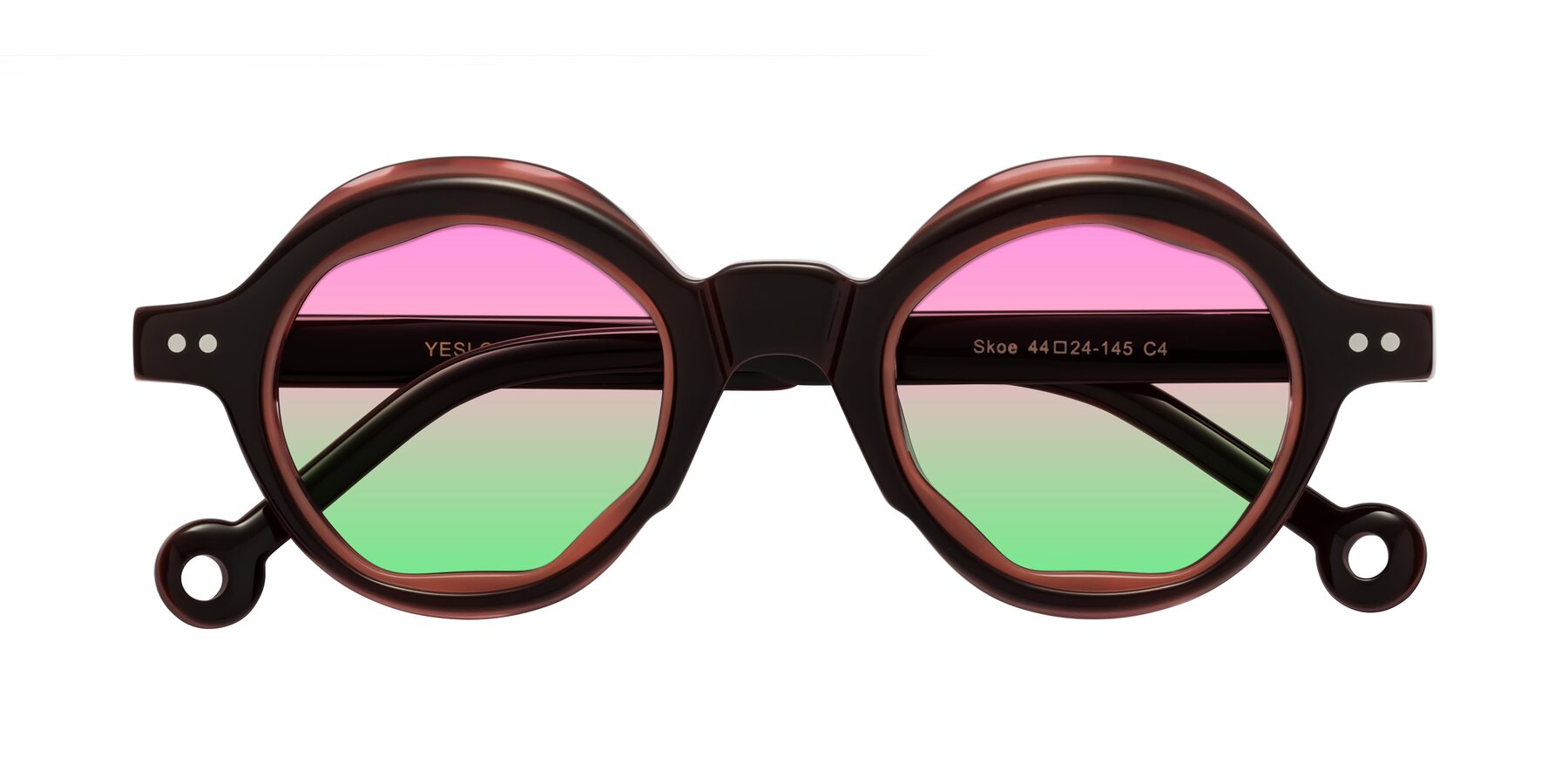 Folded Front of Skoe in Dark Maroon with Pink / Green Gradient Lenses