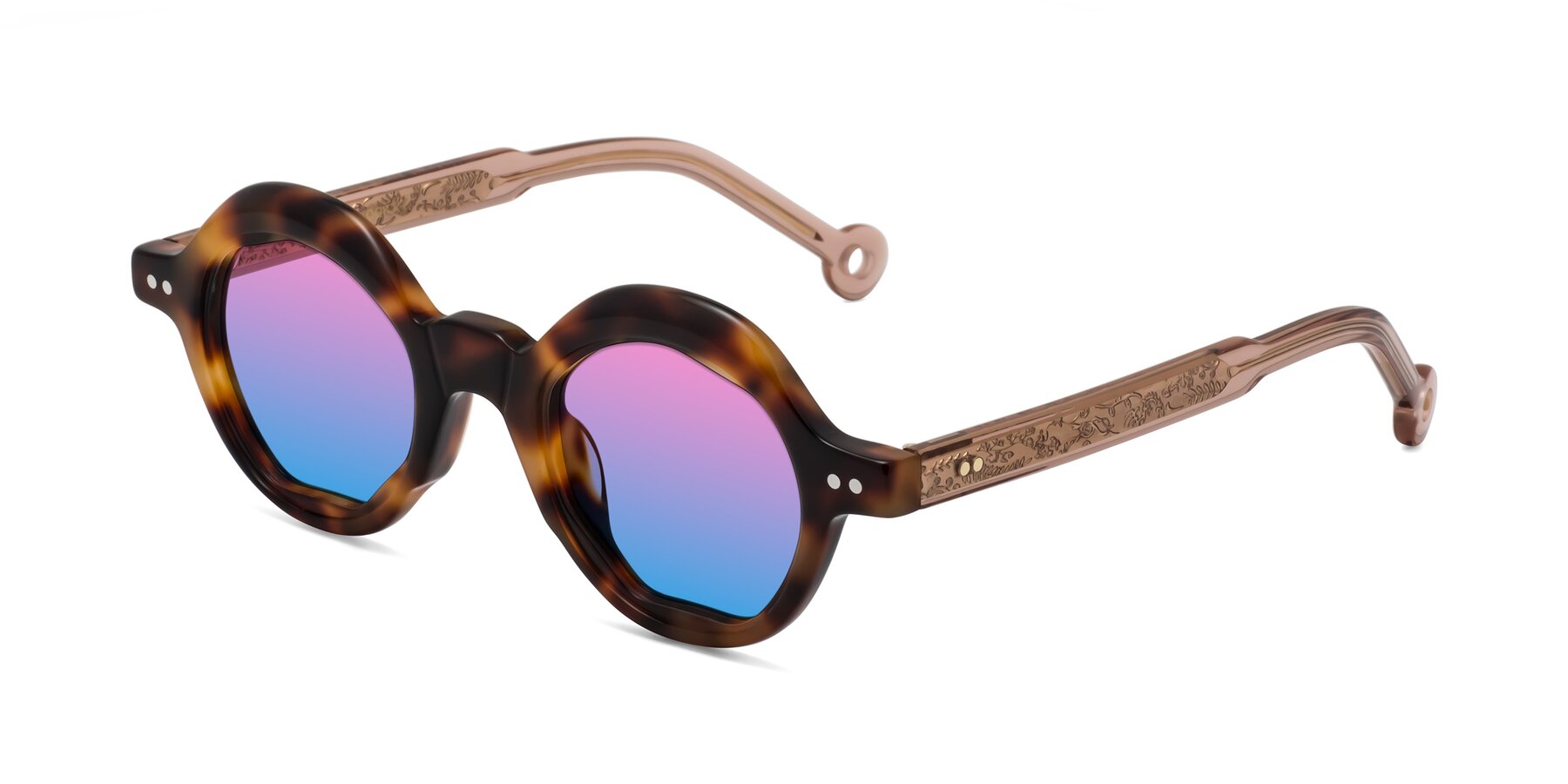 Angle of Skoe in Tortoise with Pink / Blue Gradient Lenses