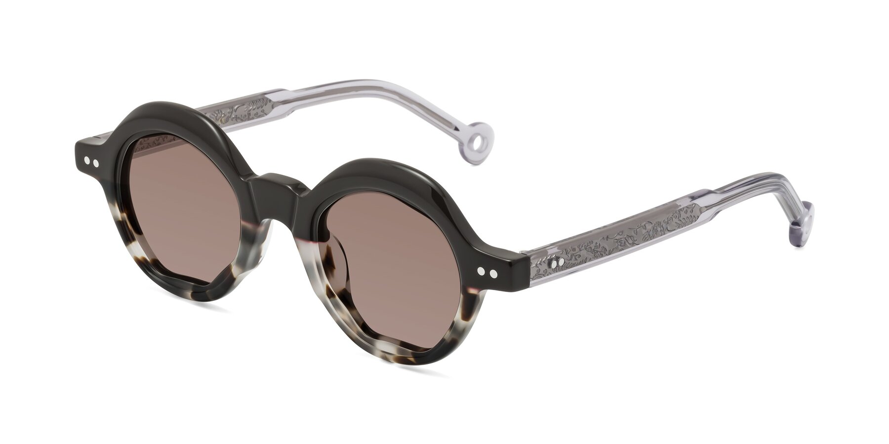 Angle of Skoe in Dark Gray-Ivory with Medium Brown Tinted Lenses