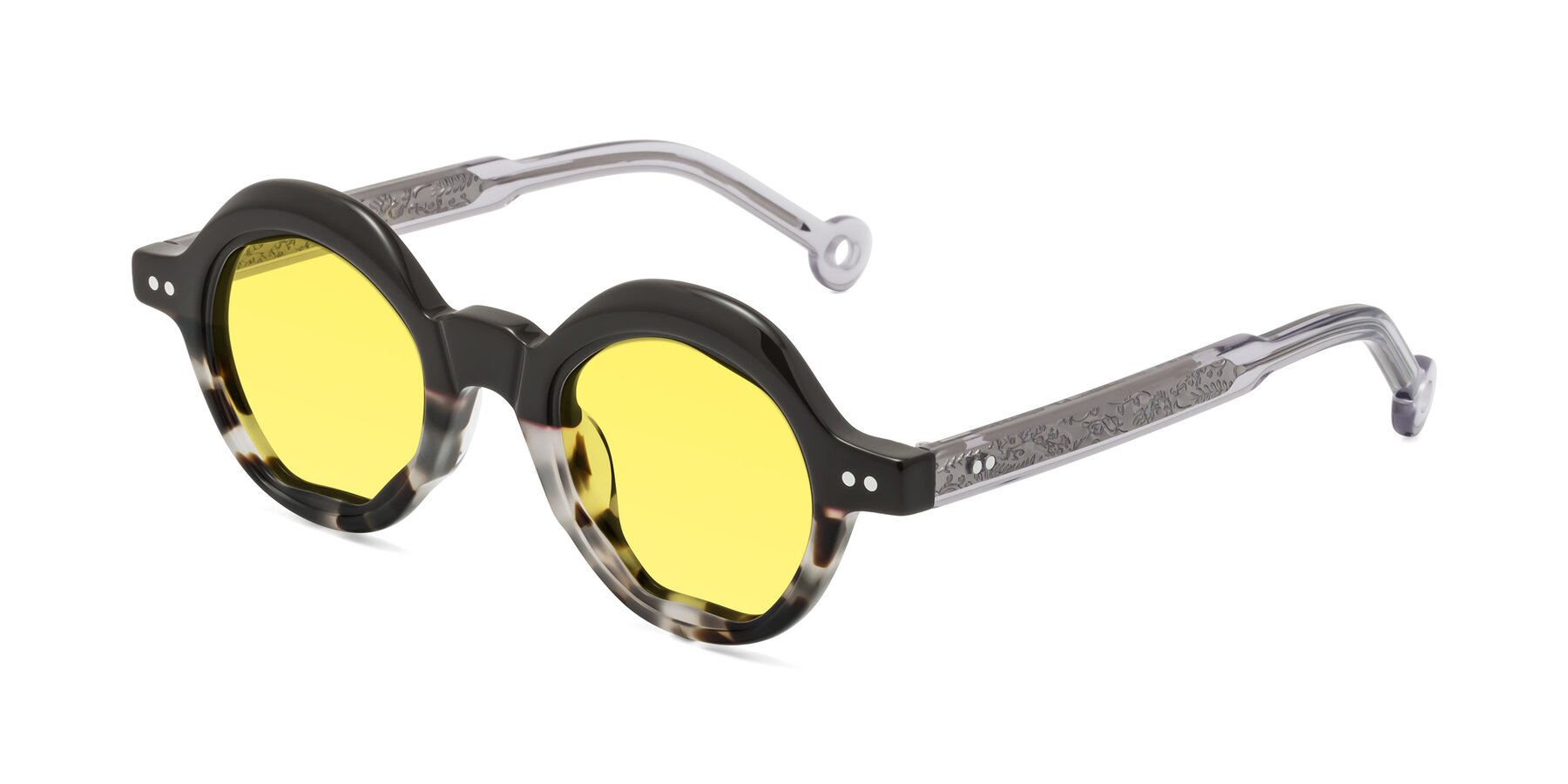 Angle of Skoe in Dark Gray-Ivory with Medium Yellow Tinted Lenses