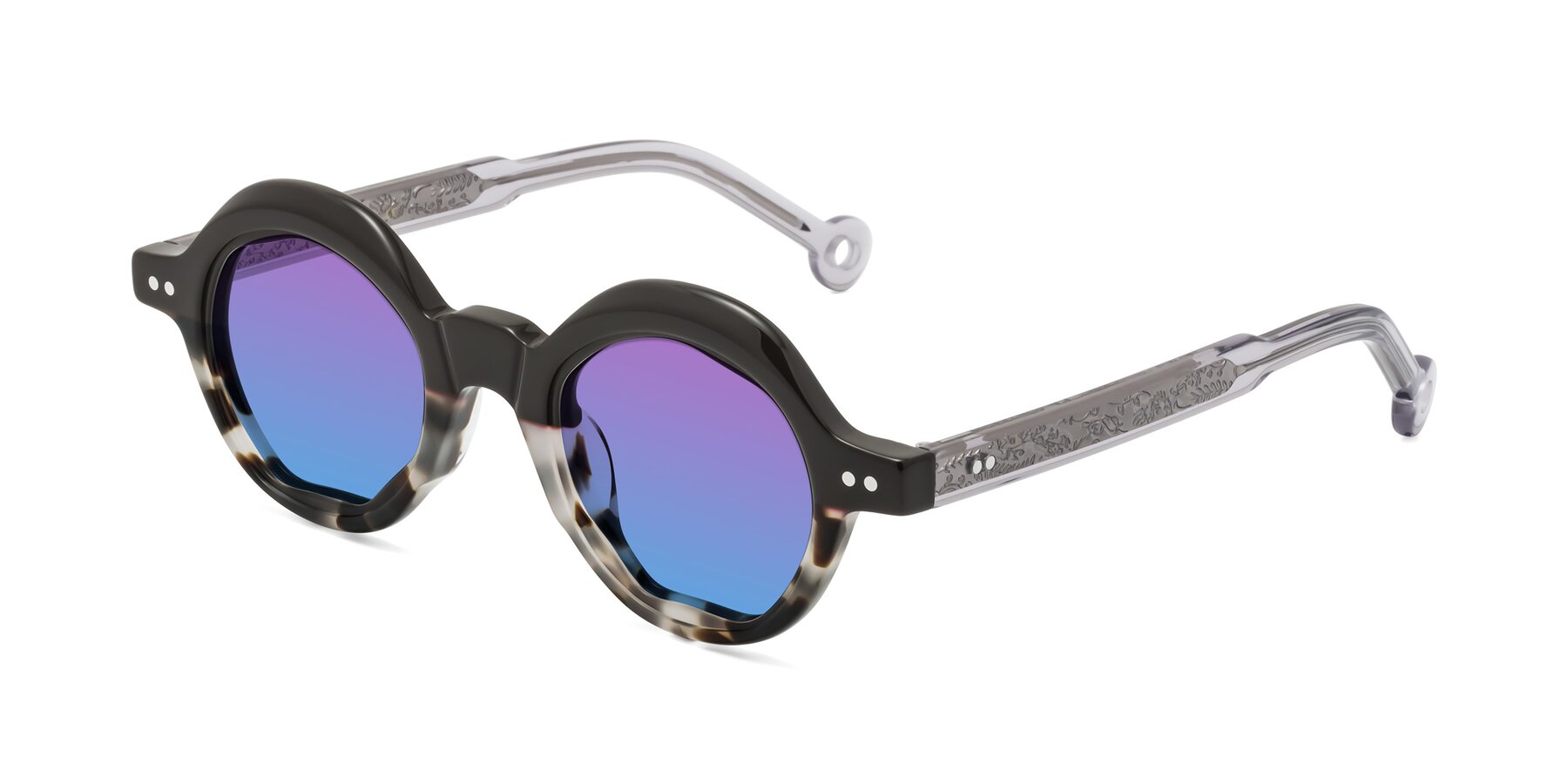 Angle of Skoe in Dark Gray-Ivory with Purple / Blue Gradient Lenses