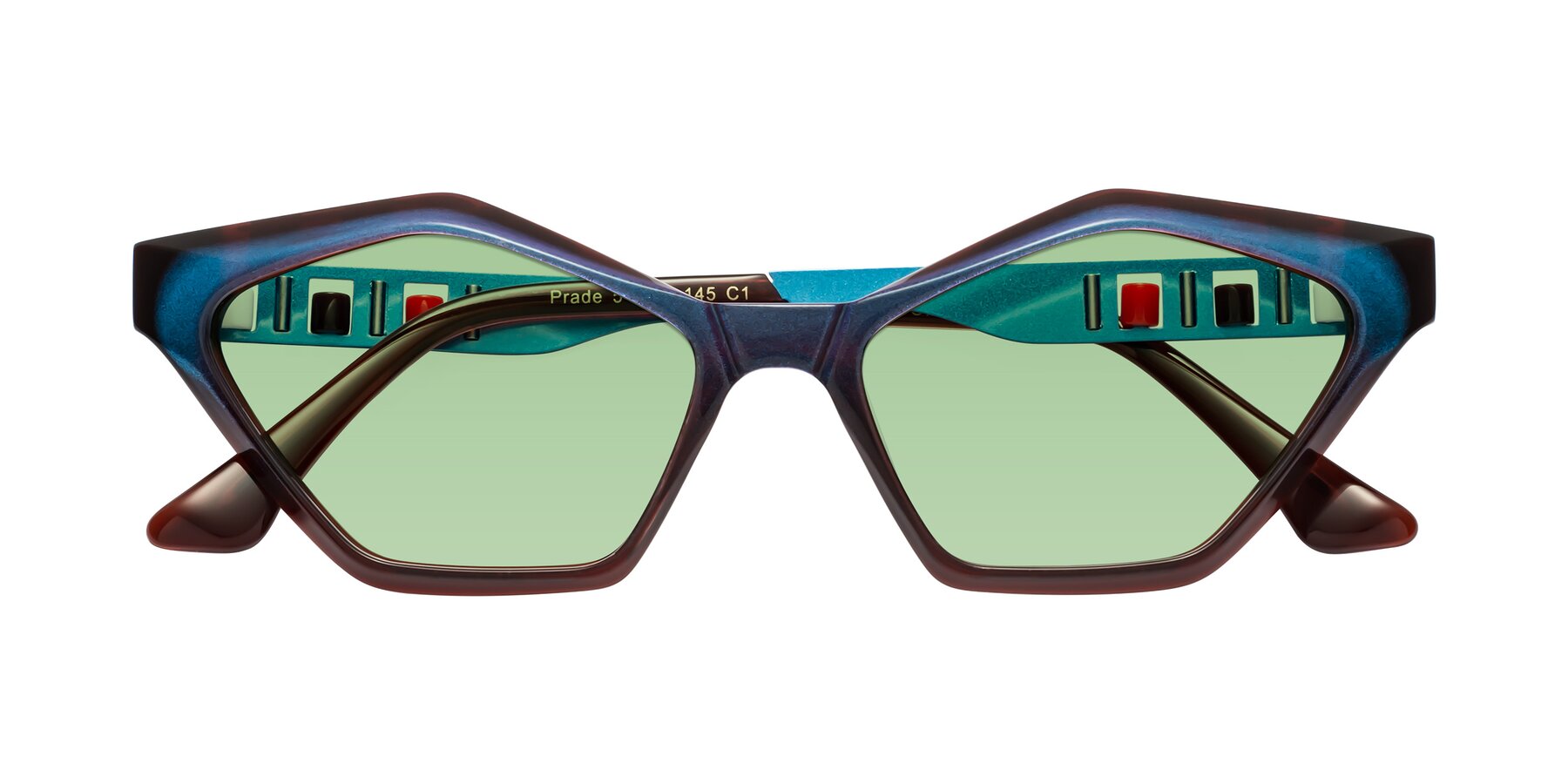 Folded Front of Prade in Iridescent Blue with Medium Green Tinted Lenses