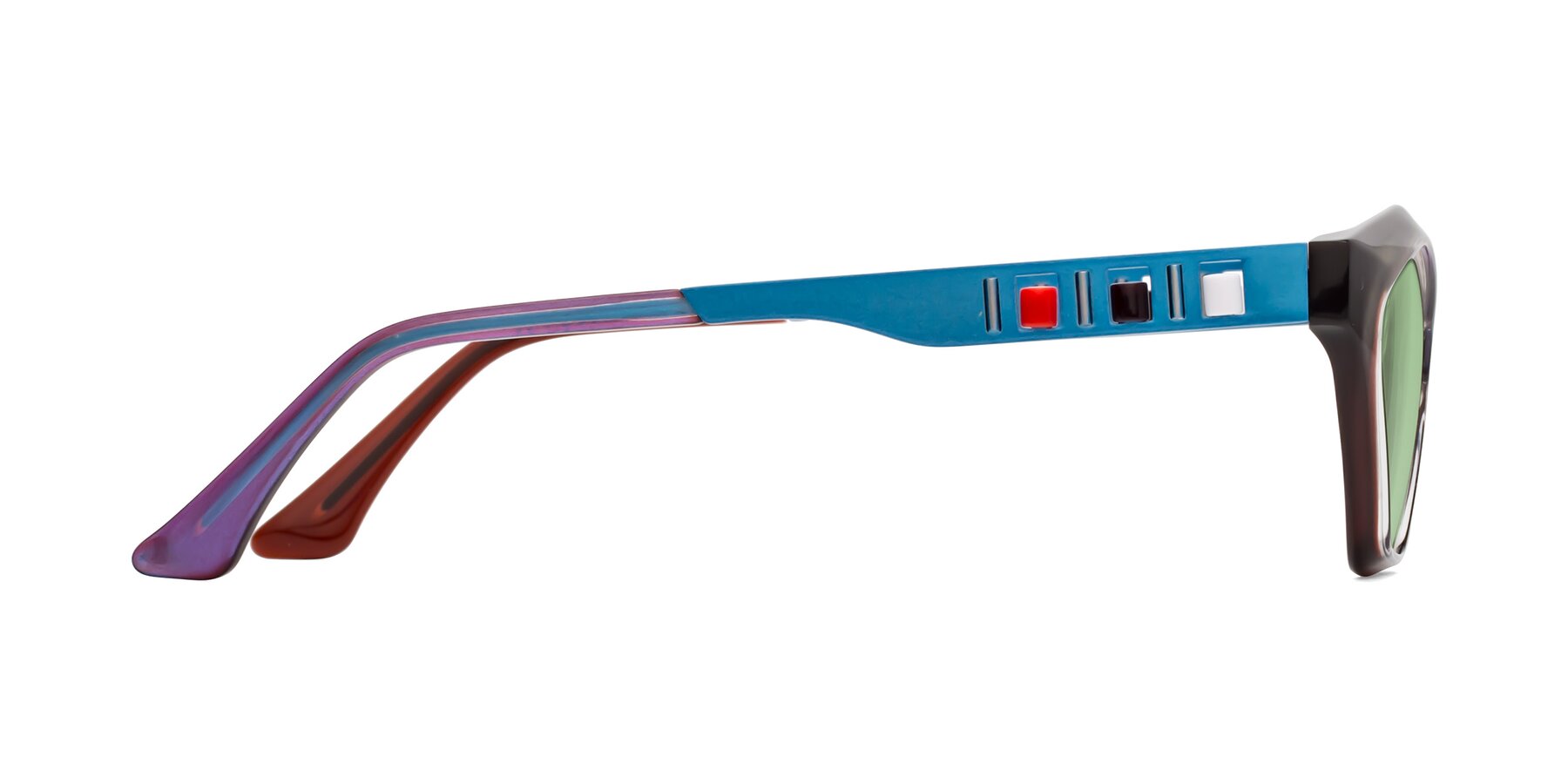 Side of Prade in Iridescent Blue with Medium Green Tinted Lenses