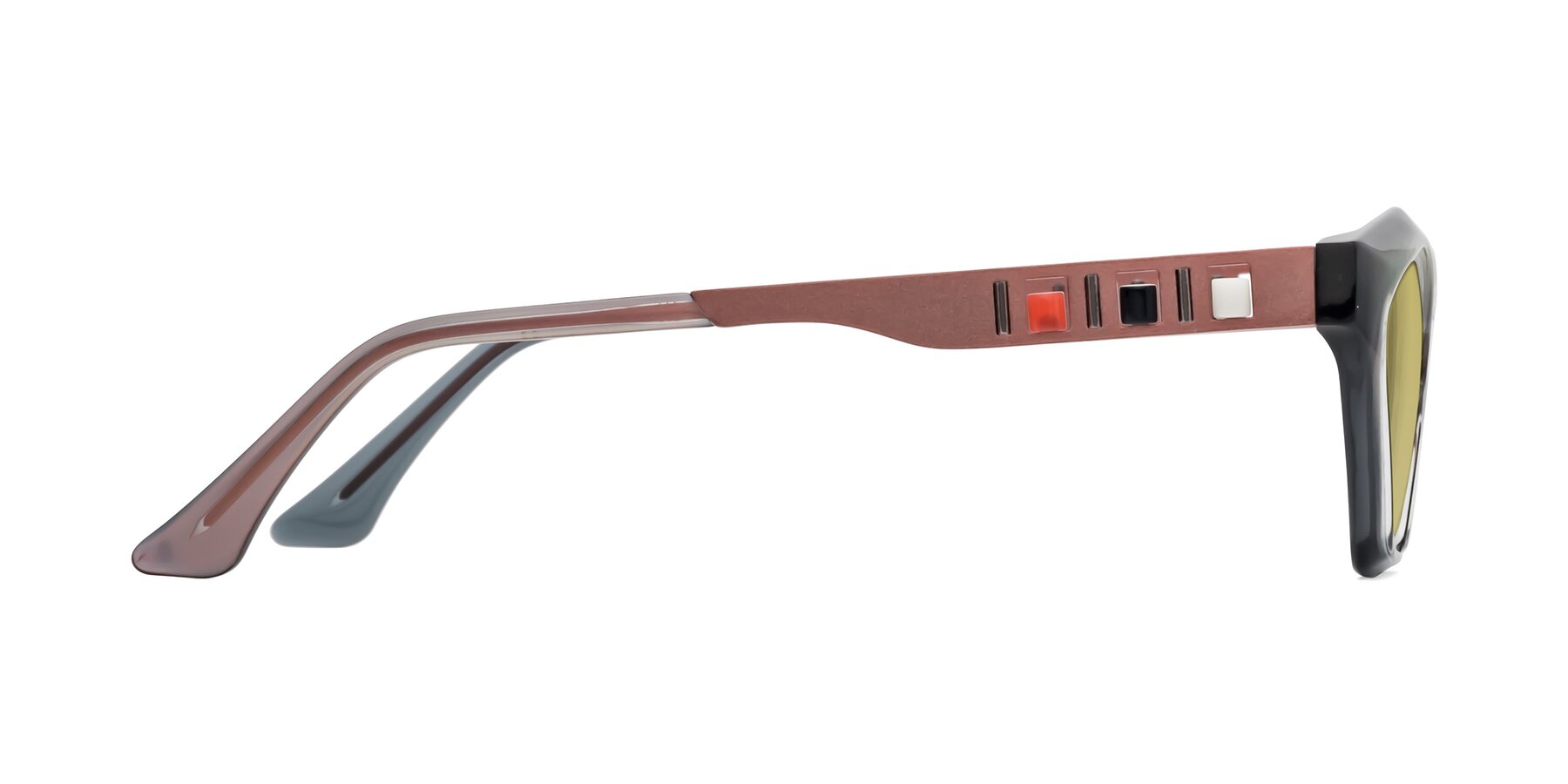 Side of Prade in Iridescent Rust with Medium Champagne Tinted Lenses