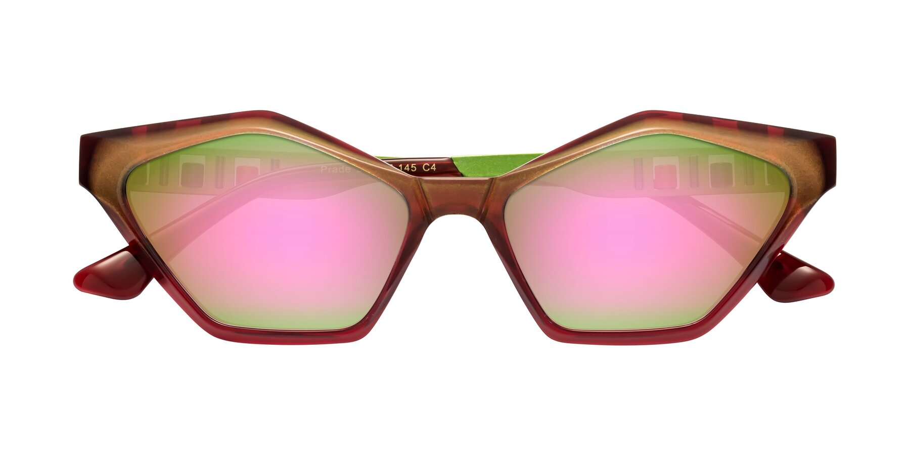 Folded Front of Prade in Iridescent Green with Pink Mirrored Lenses